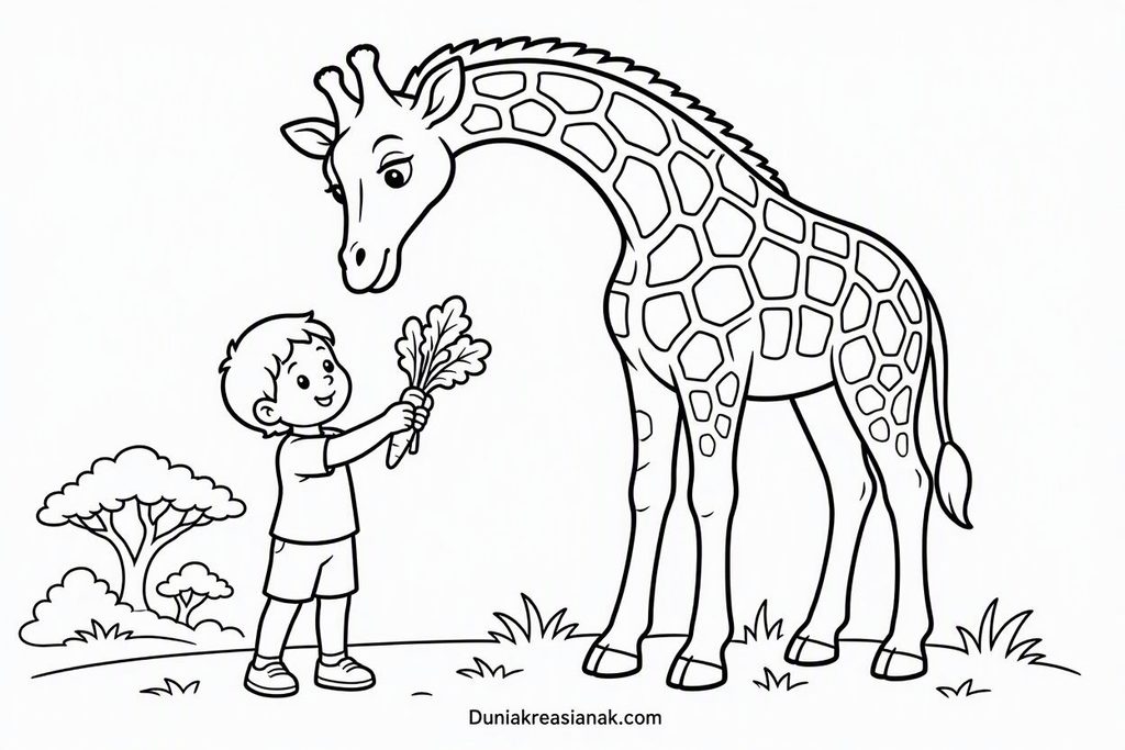 Coloring Page Jerapah dan Anak Kecil