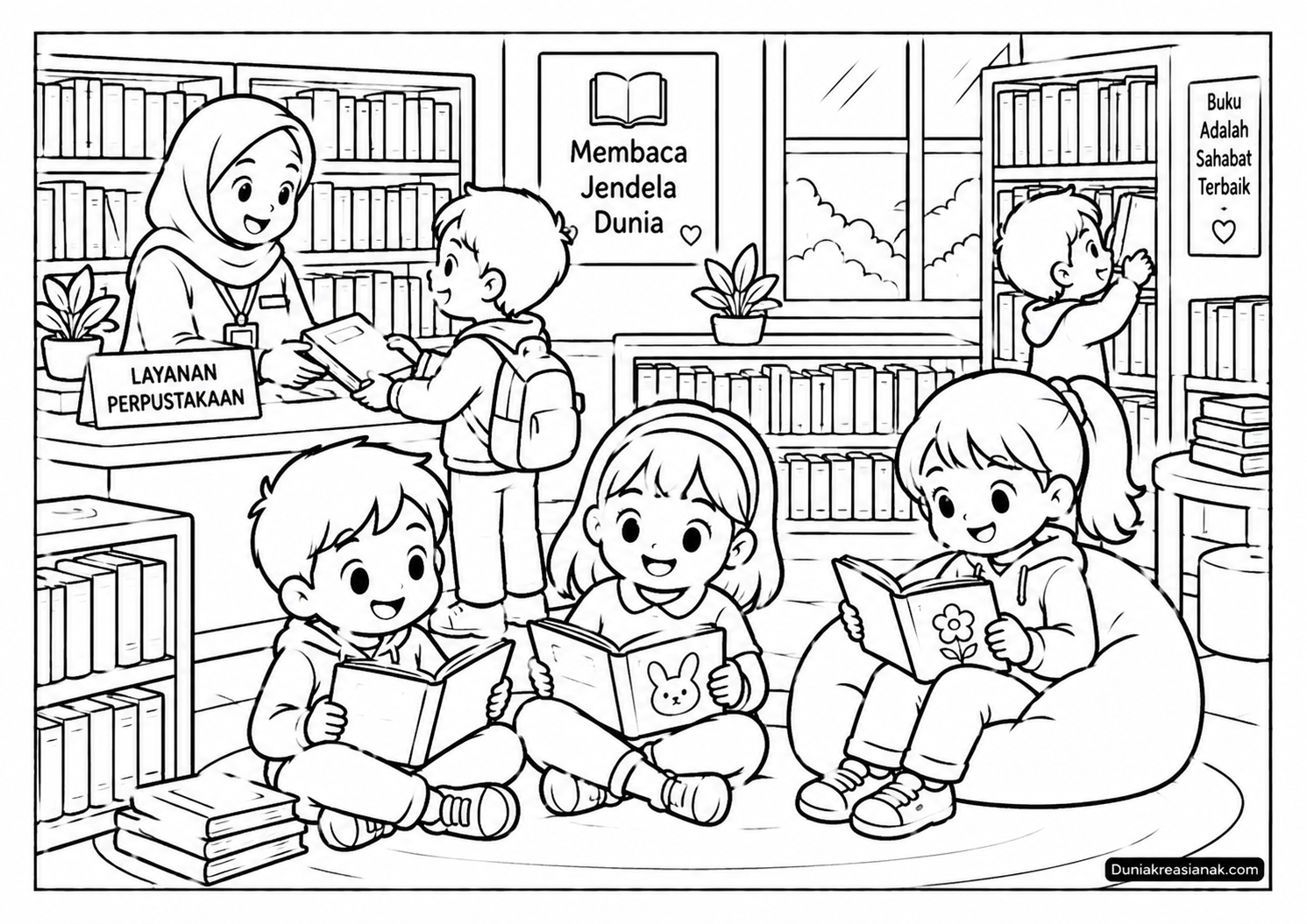 Coloring Page Anak Anak Bermain dan Membaca Buku di Perpustakaan
