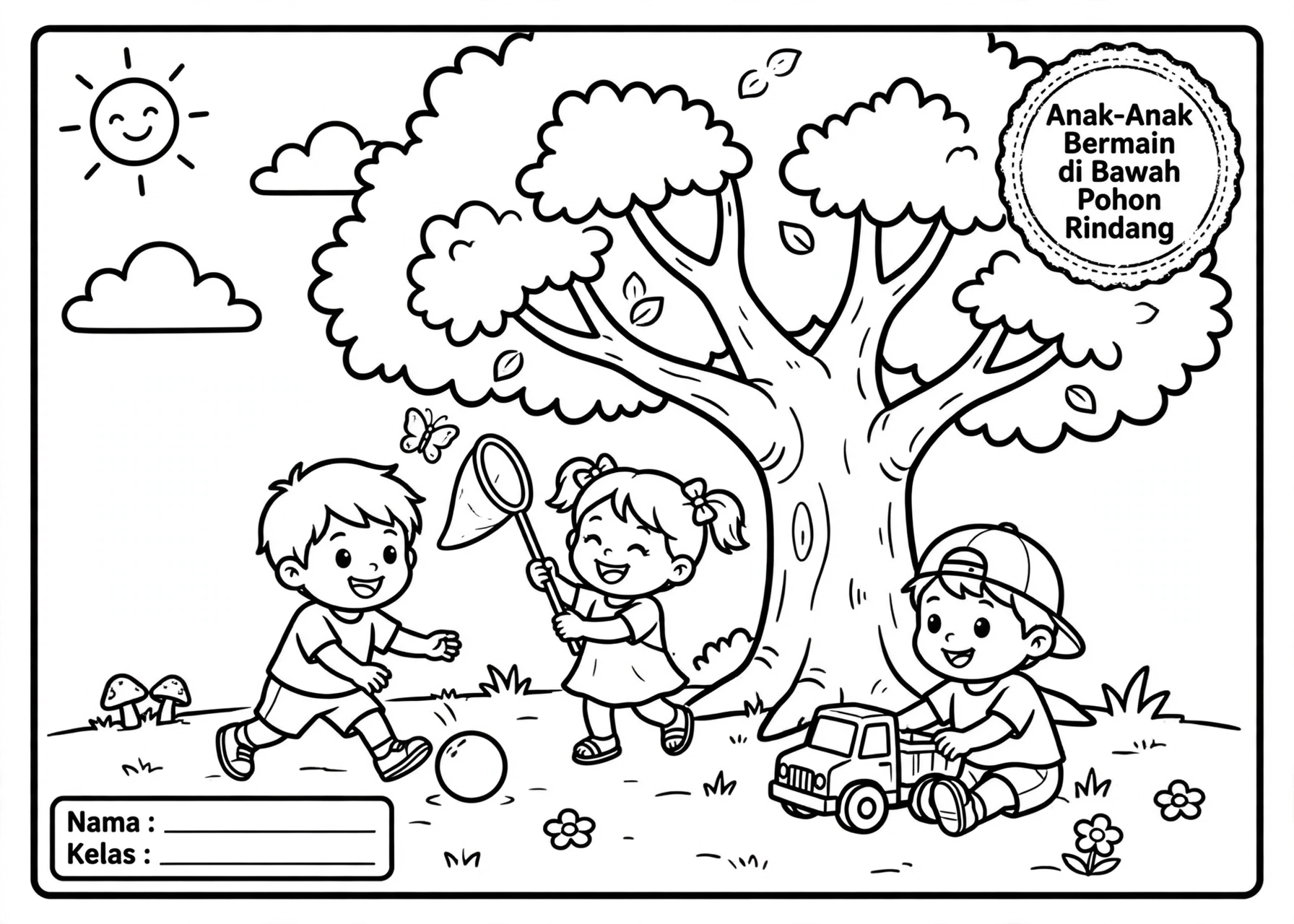 Coloring Page Anak Anak Bermain di Bawah Pohon Rindang 4Y
