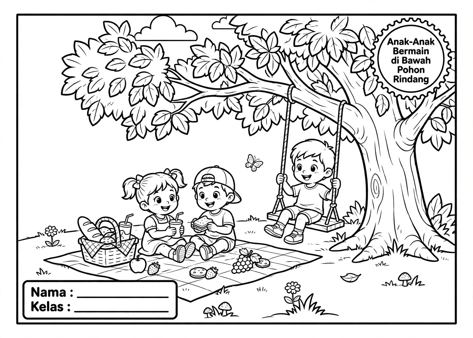 Coloring Page Anak Anak Bermain di Bawah Pohon Rindang 5Y