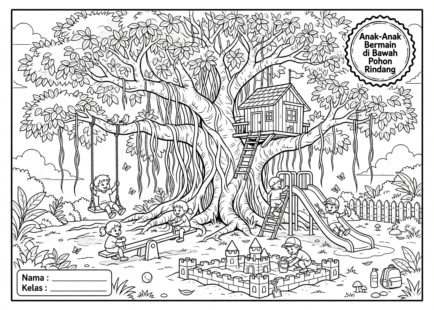 Coloring Page Anak Anak Bermain di Bawah Pohon Rindang 7Y