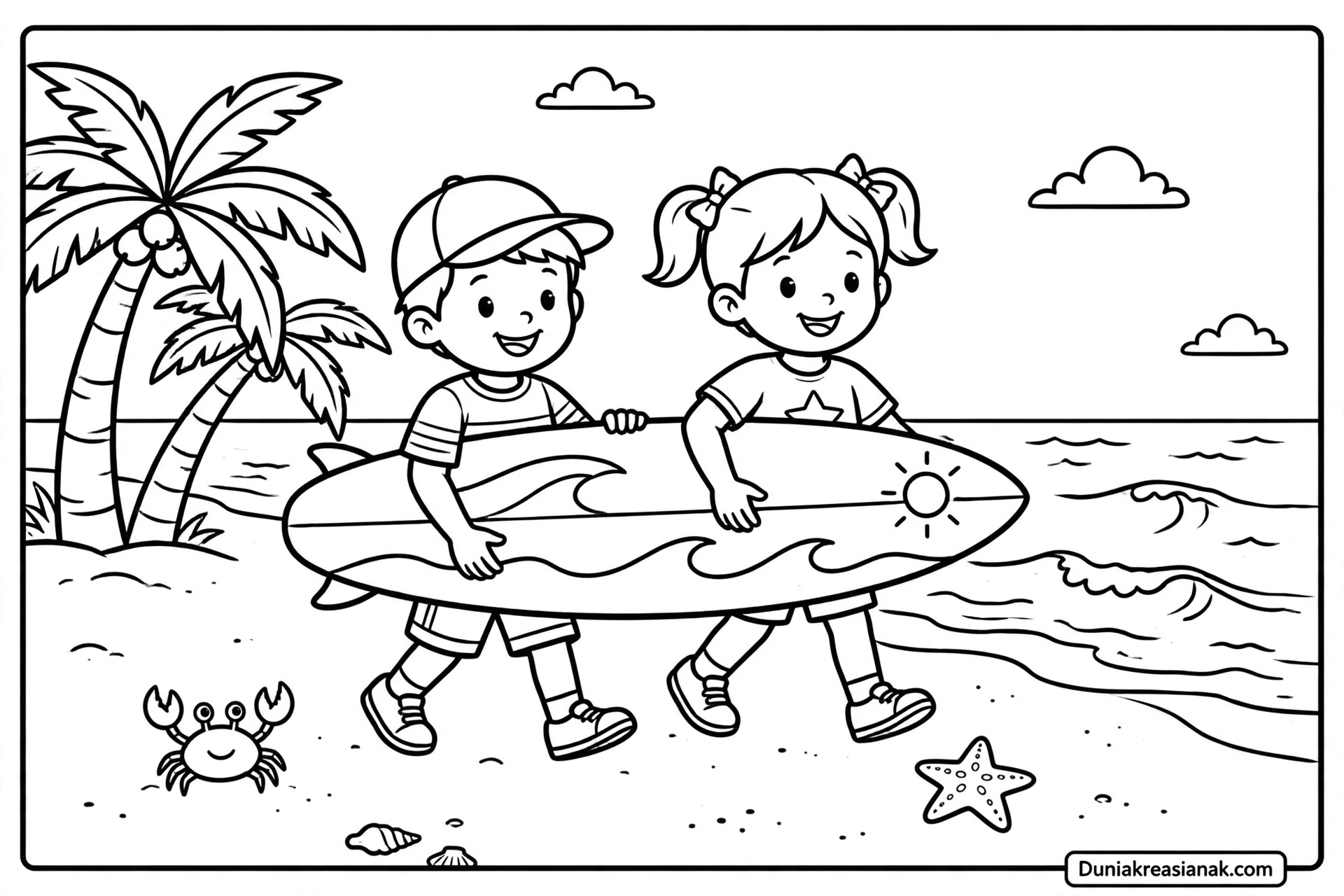 Coloring Page Anak Bawa Papan Selancar di Pantai