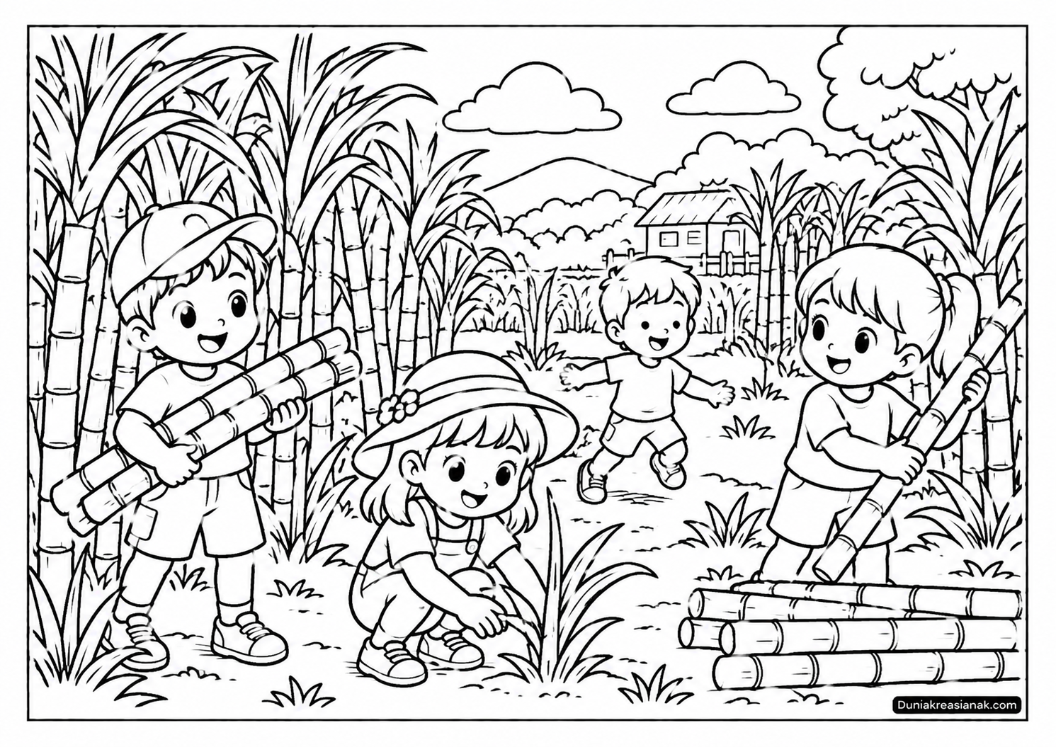 Coloring Page Anak Bermain di Kebun Tebu