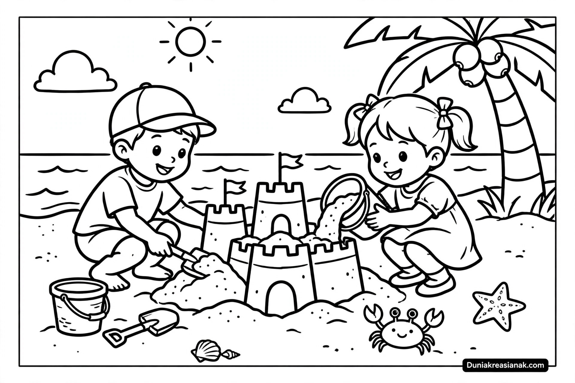 Coloring Page Anak Bermain di Pantai