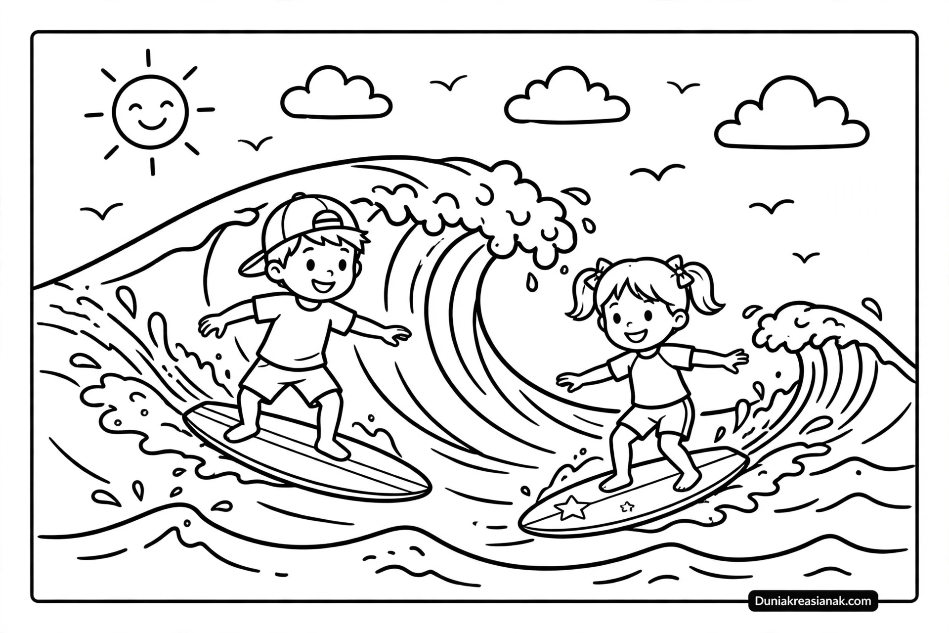 Coloring Page Anak Main Selancar di Pantai