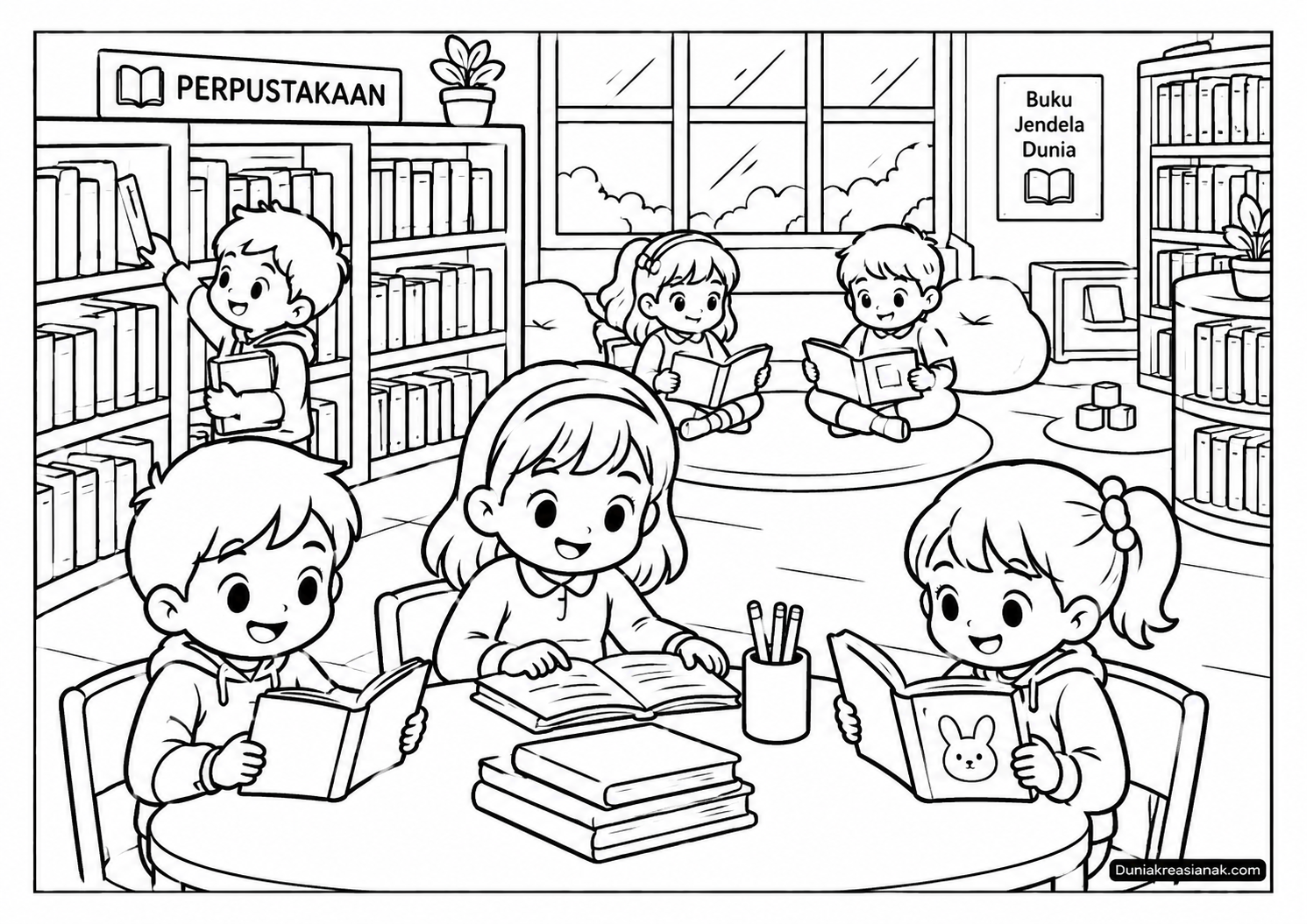 Coloring Page Anak-Anak Bermain dan Membaca Buku di Perpustakaan 2 Coloring Page Anak Membaca Buku di Perpustakaan