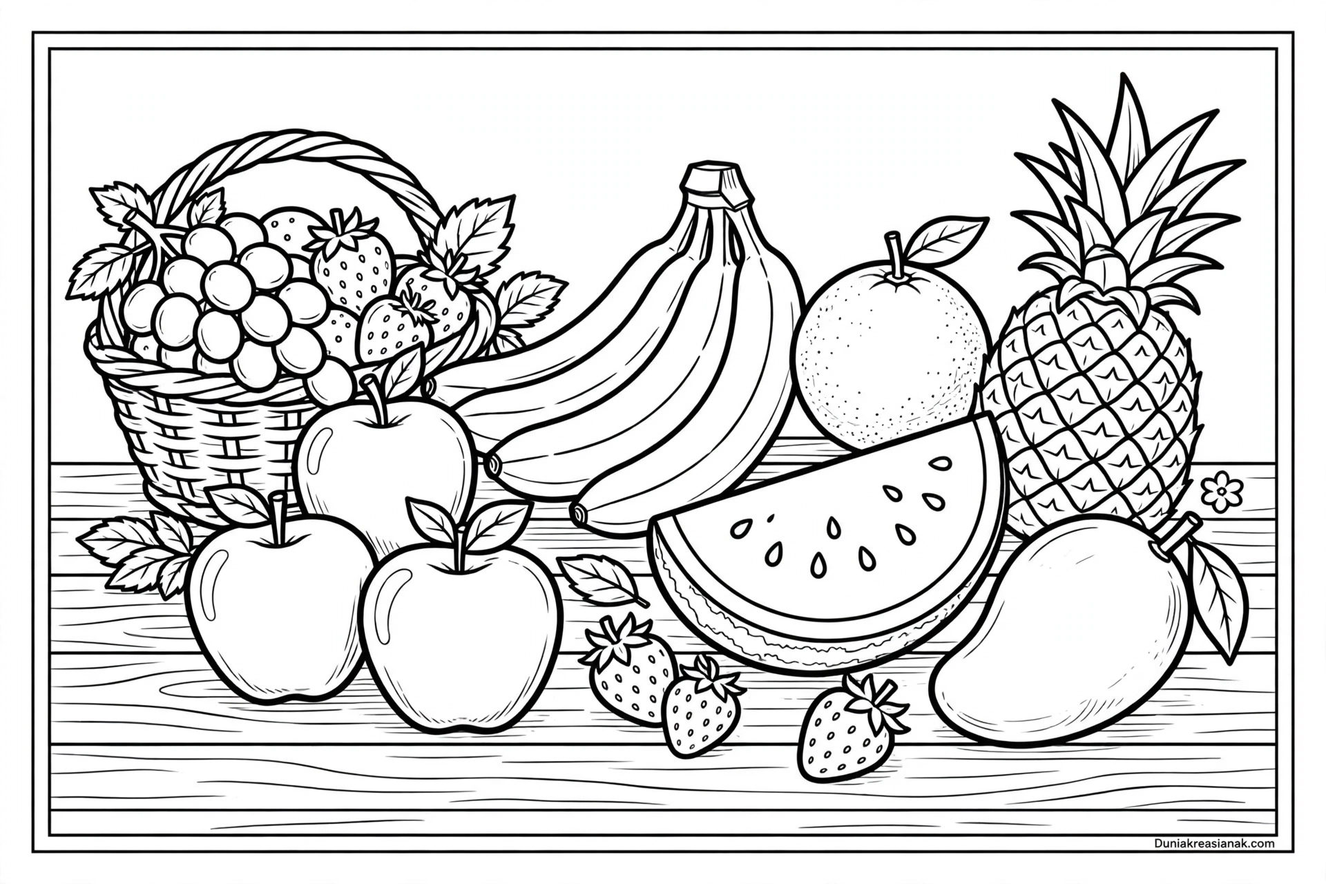 Coloring Page Aneka Buah Segar di Atas Meja