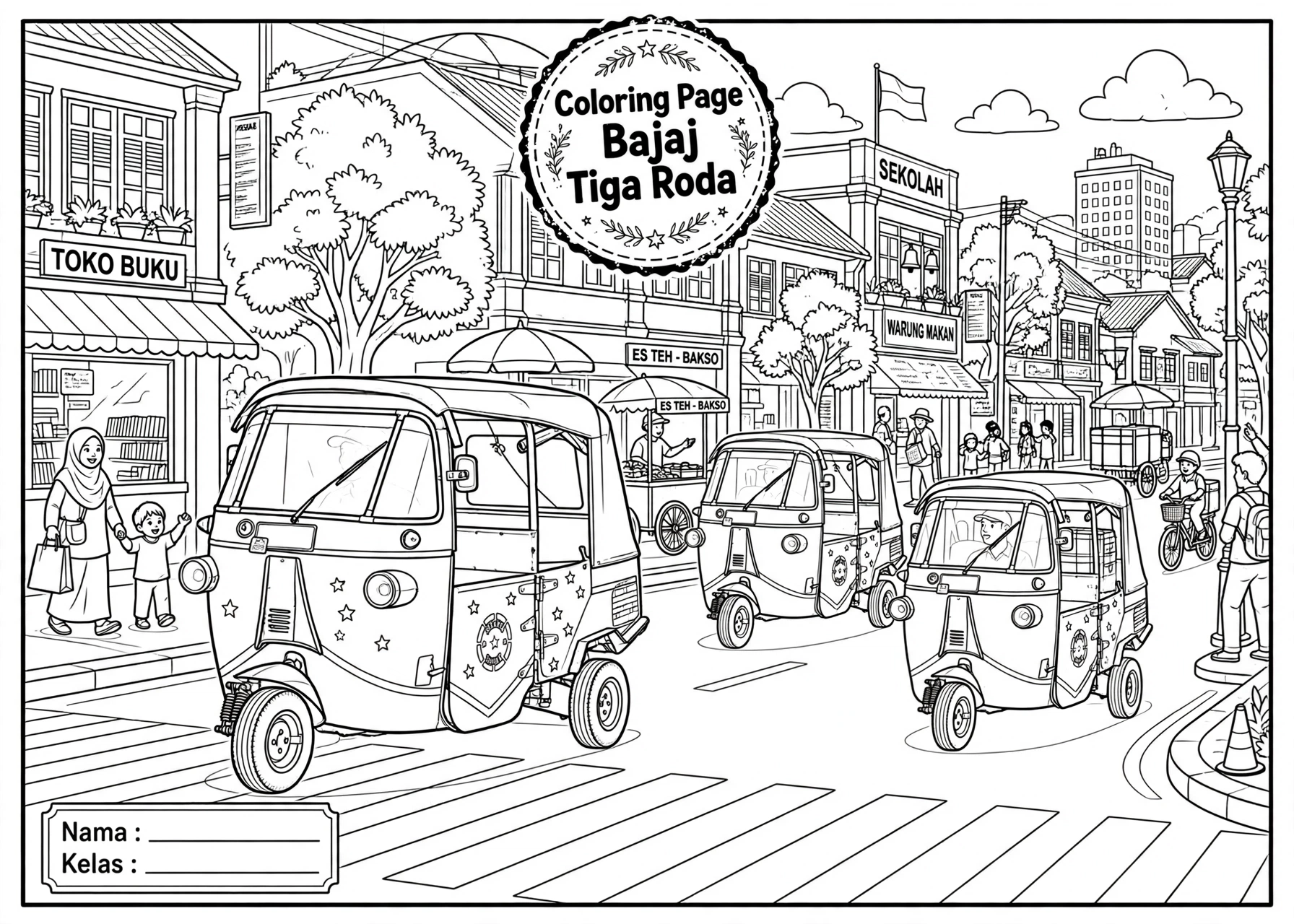 Coloring Page Bajaj Tiga Roda Lengkap