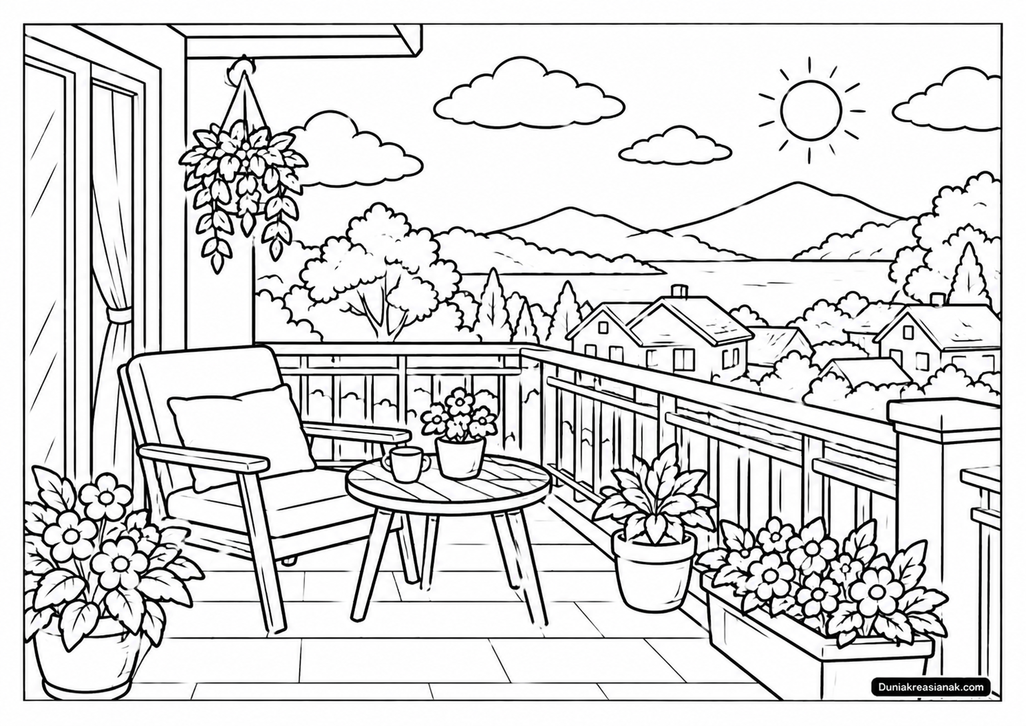 Coloring Page Balkon Rumah dengan Pemandangan Indah