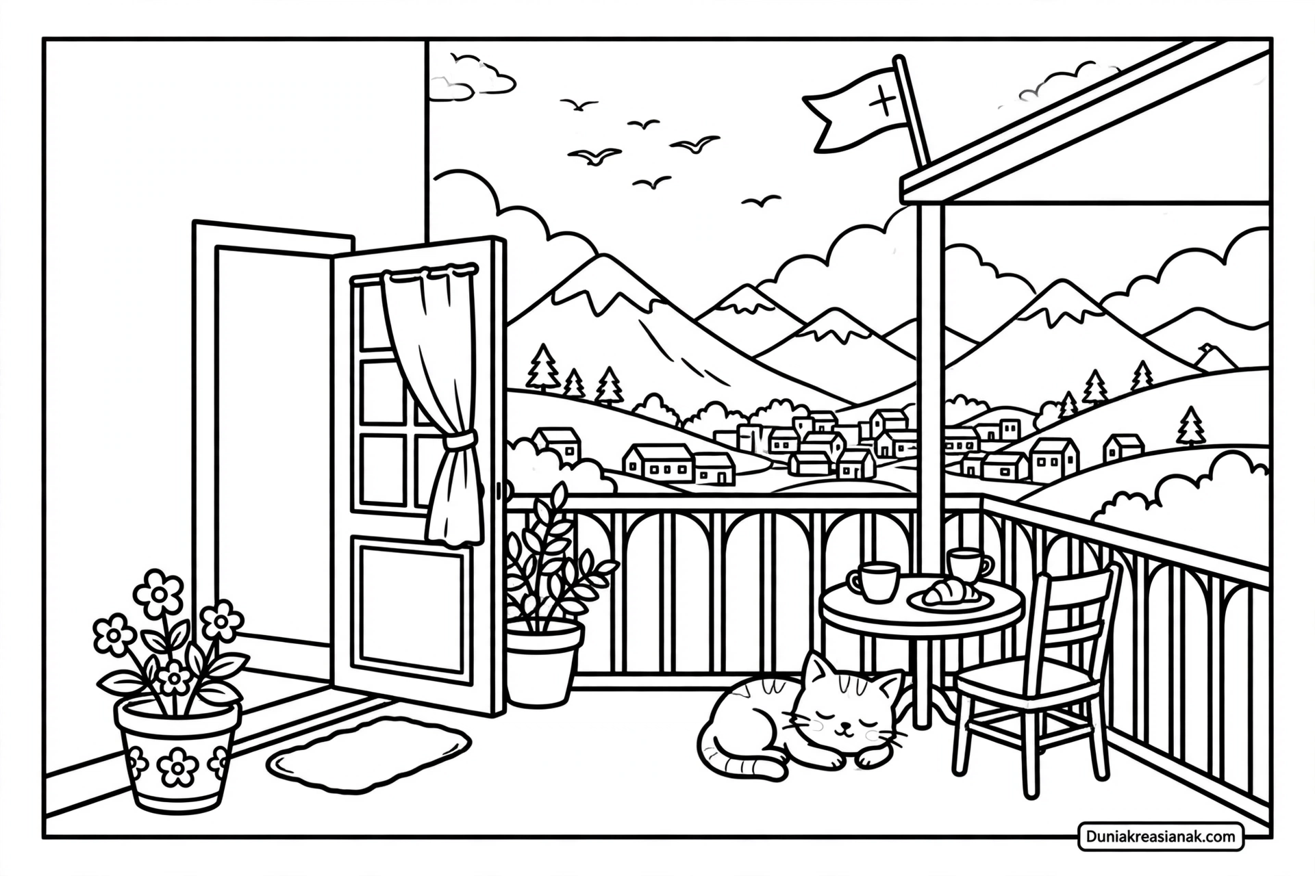 Coloring Page Balkon Rumah yang Asri dengan Pemandangan Indah
