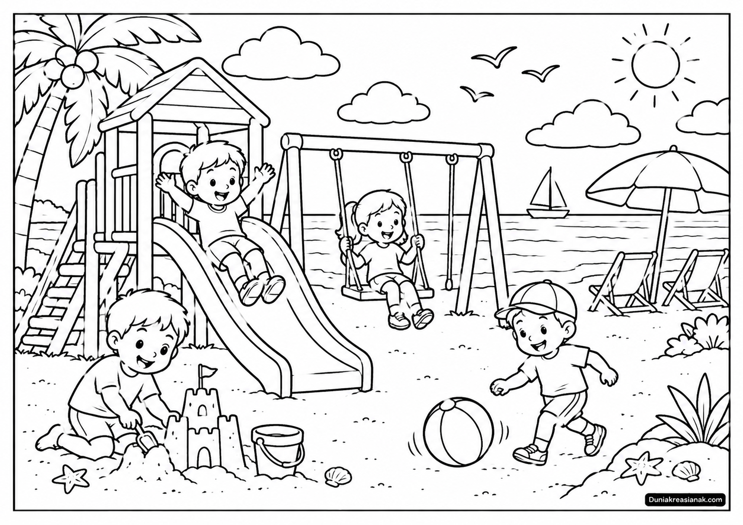 Coloring Page Bermain Playground Anak di Pantai