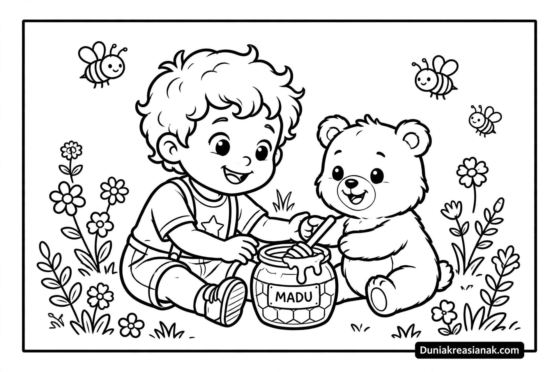 Coloring Page Beruang Madu Bermain Dengan Anak
