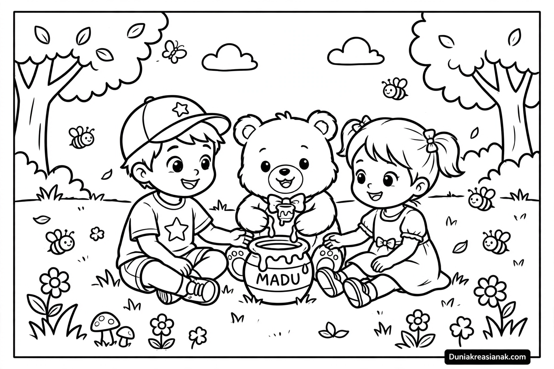 Coloring Page Beruang Madu dan Dua Anak