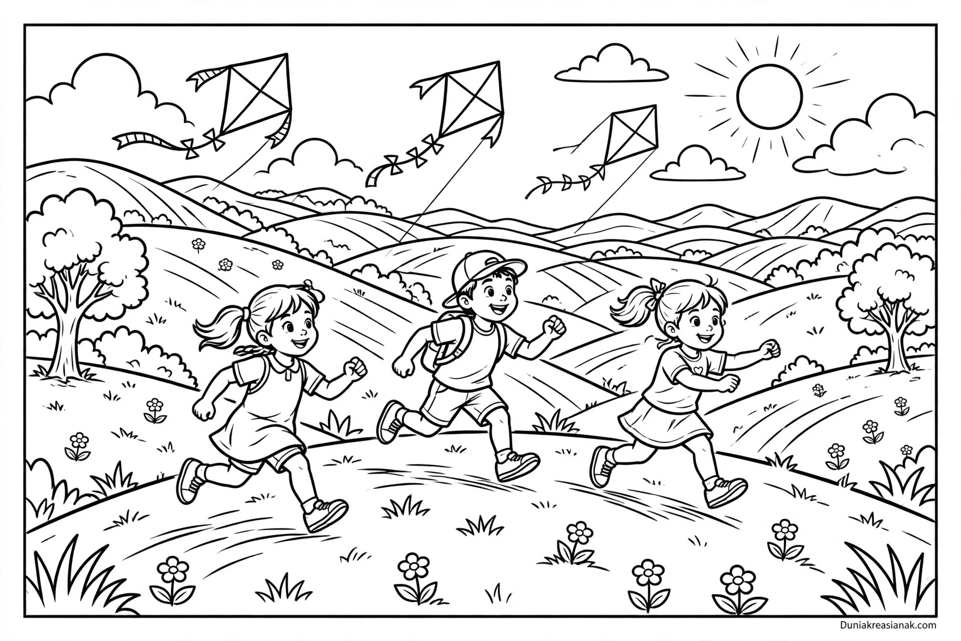 Coloring Page Bermain dan Berlari di Bukit Hijau 3 Coloring Page Bukit Hijau