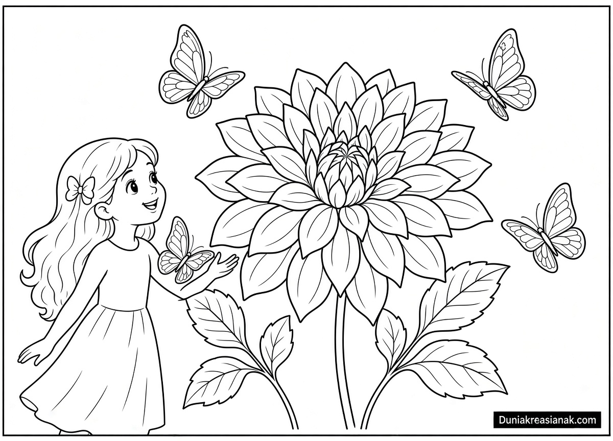 Coloring Page Bunga Dahlia Lagi Mekar 2
