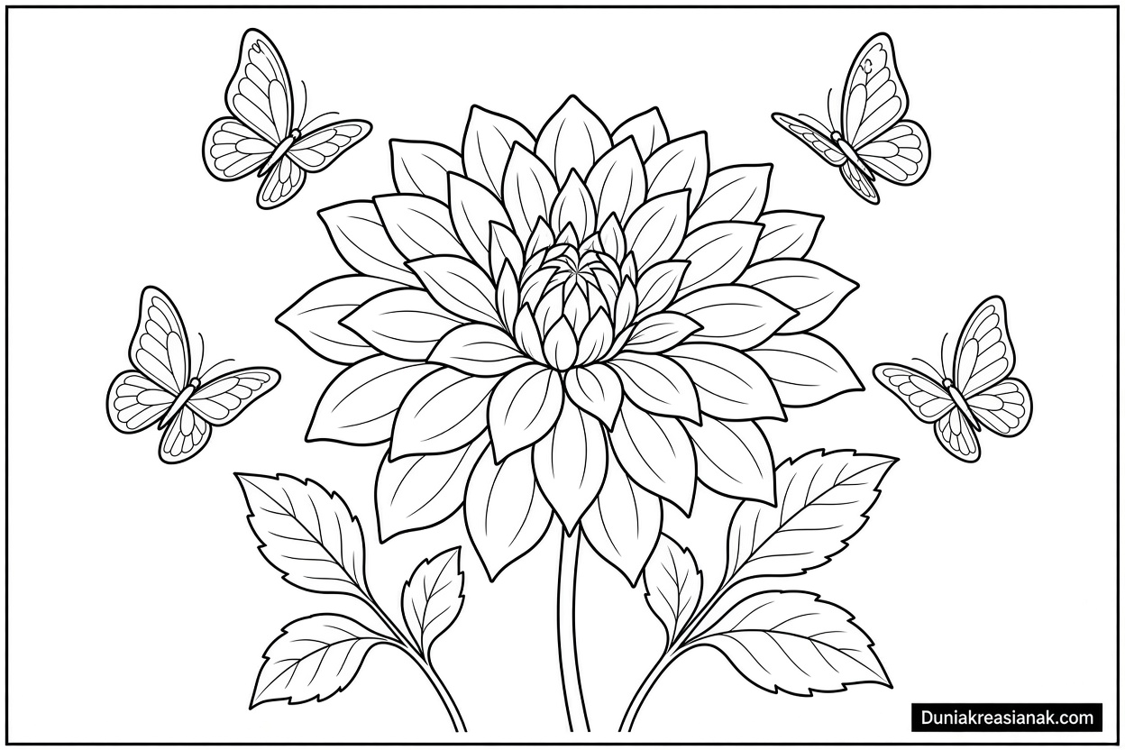 Coloring Page Bunga Dahlia Lagi Mekar 3