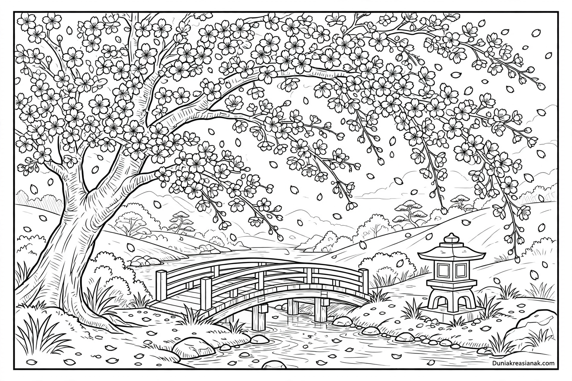 Coloring Page Cantiknya Bunga Sakura yang Bermekaran