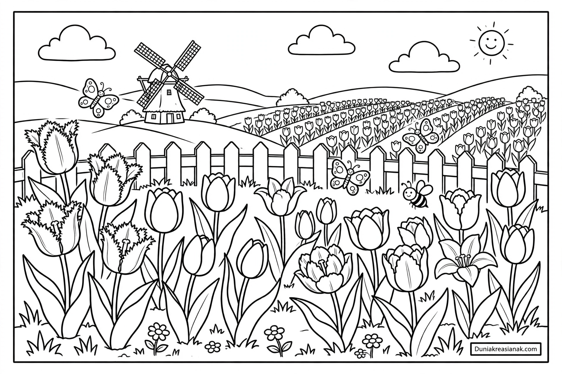 Coloring Page Cantiknya Bunga Tulip yang Bermekaran