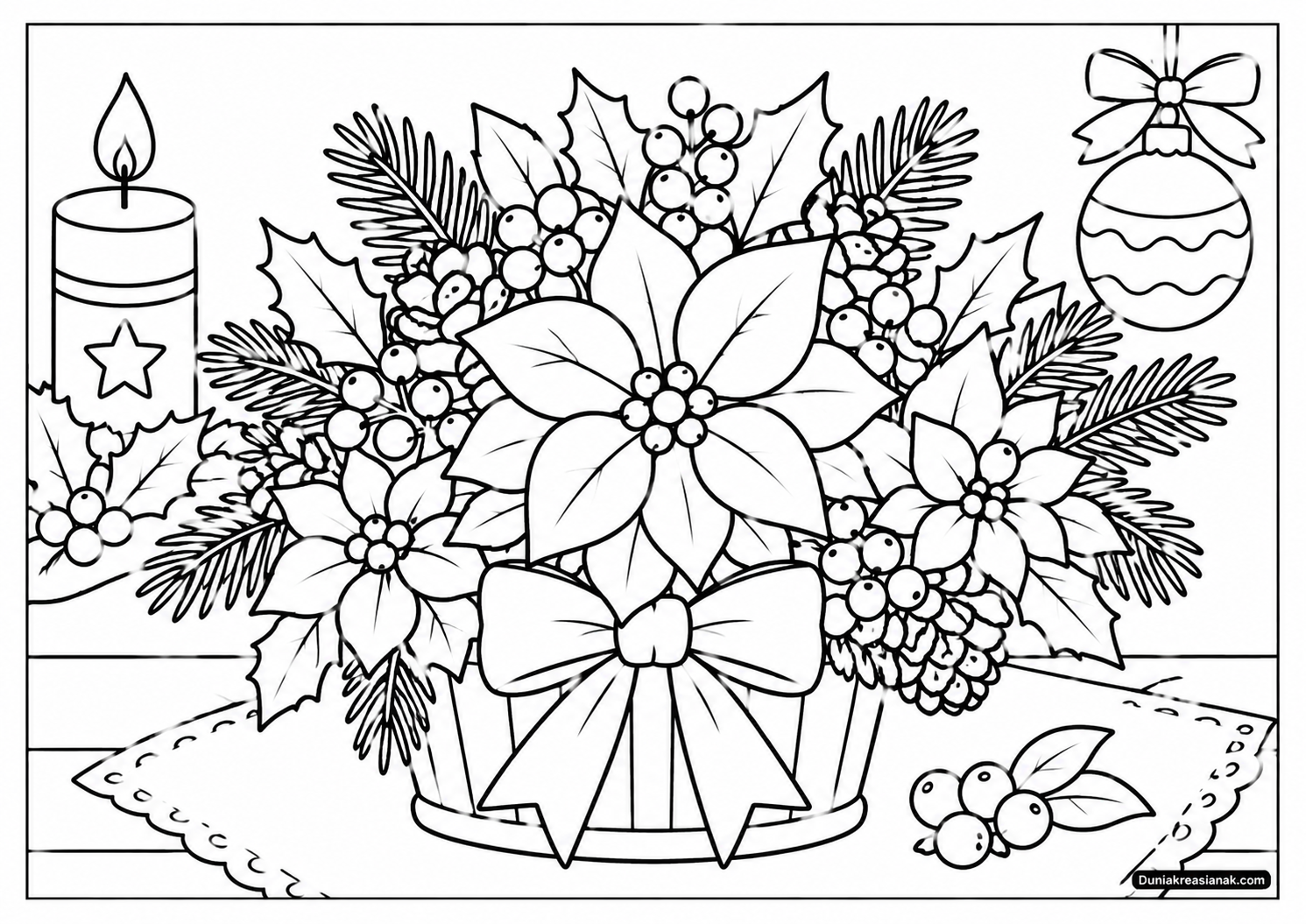 Coloring Page Cantiknya Rangkaian Bunga dan Buah Beri Natal