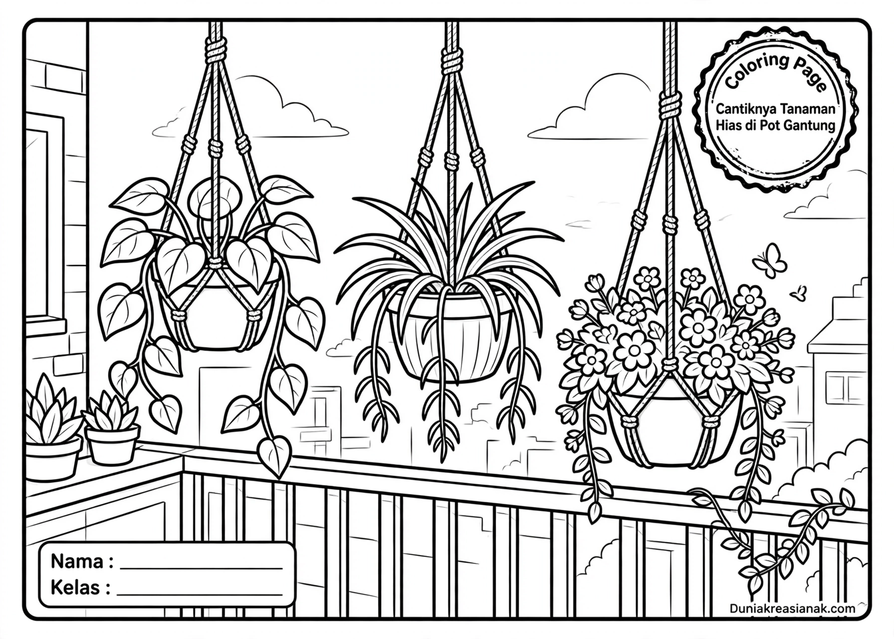 Coloring Page Cantiknya Tanaman Hias di Pot Gantung 5Y 1
