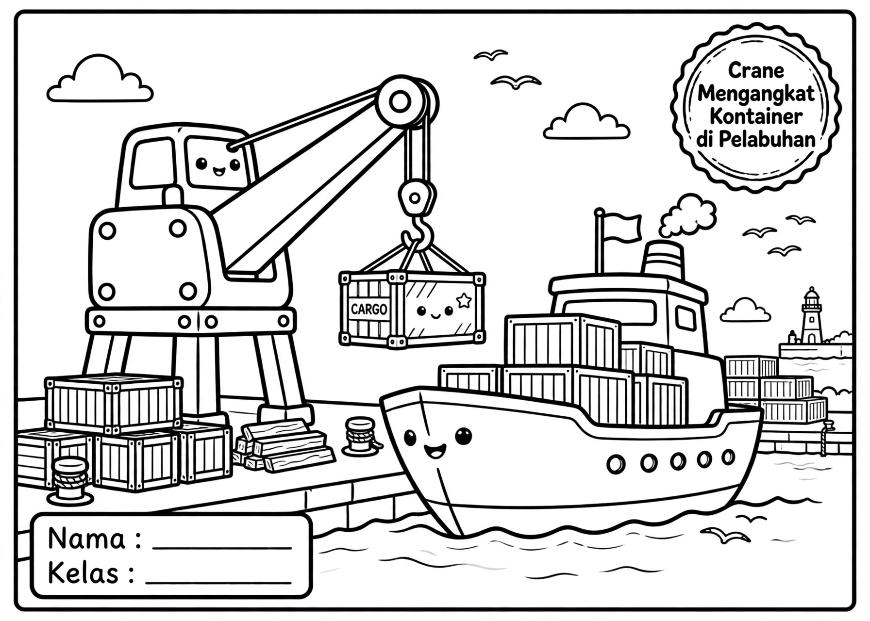 Coloring Page Crane Mengangkat Kontainer di Pelabuhan 6Y