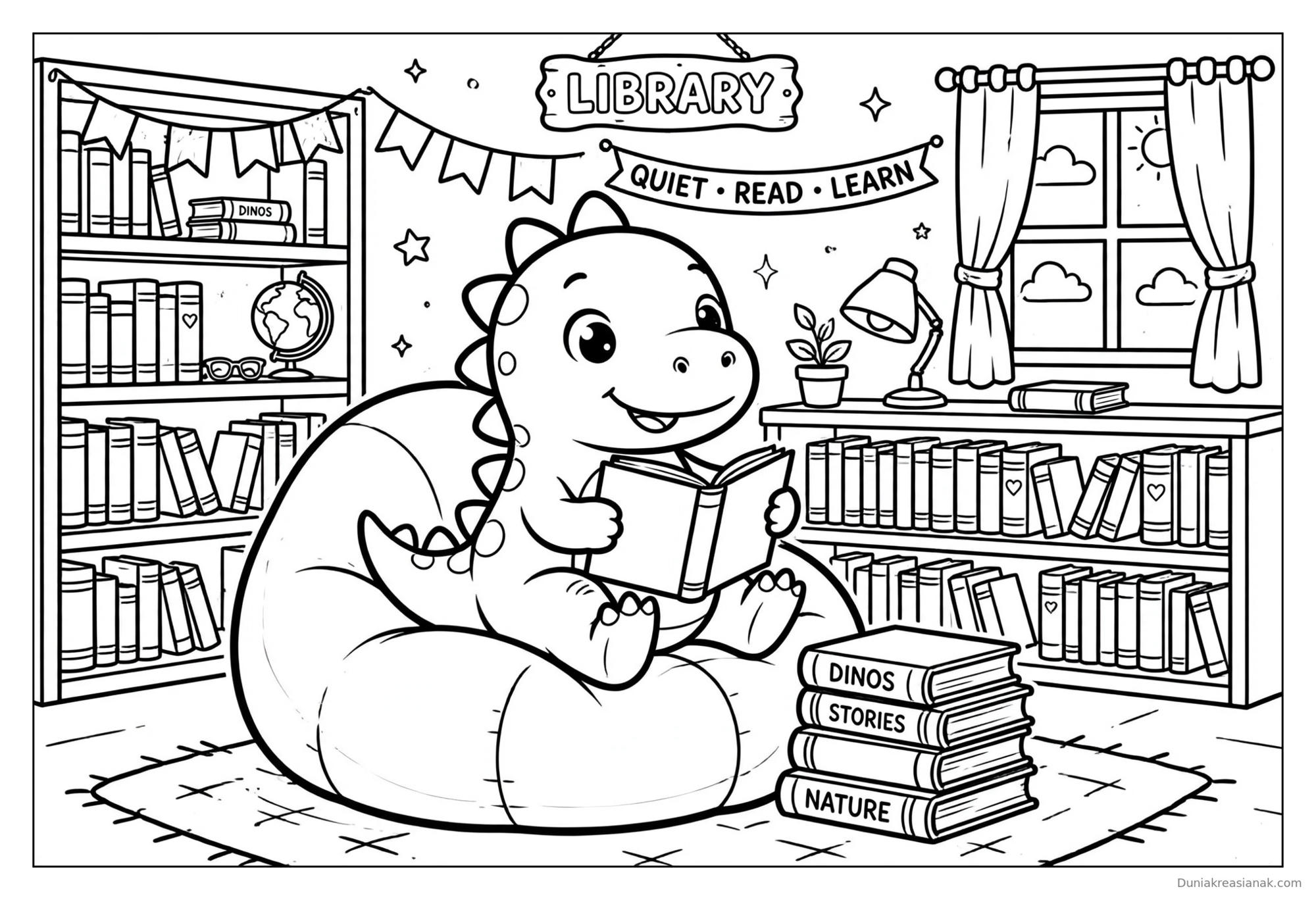 Coloring Page Dinosaurus Yang Lucu | Printable Free Download PDF 6 Coloring Page Dino Sedang Membaca Buku