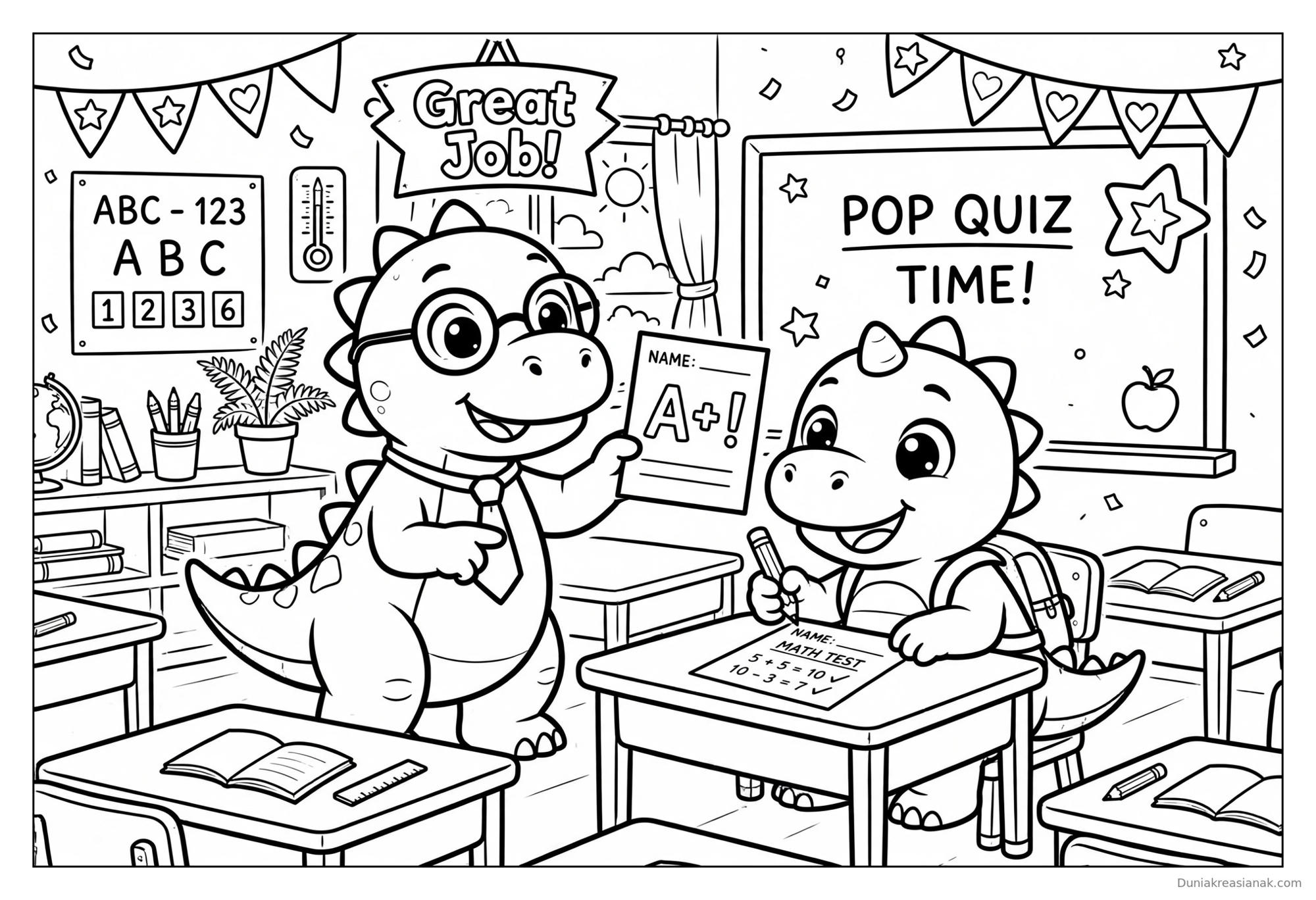 Coloring Page Dinosaurus Yang Lucu | Printable Free Download PDF 7 Coloring Page Dino Ujian di Kelas