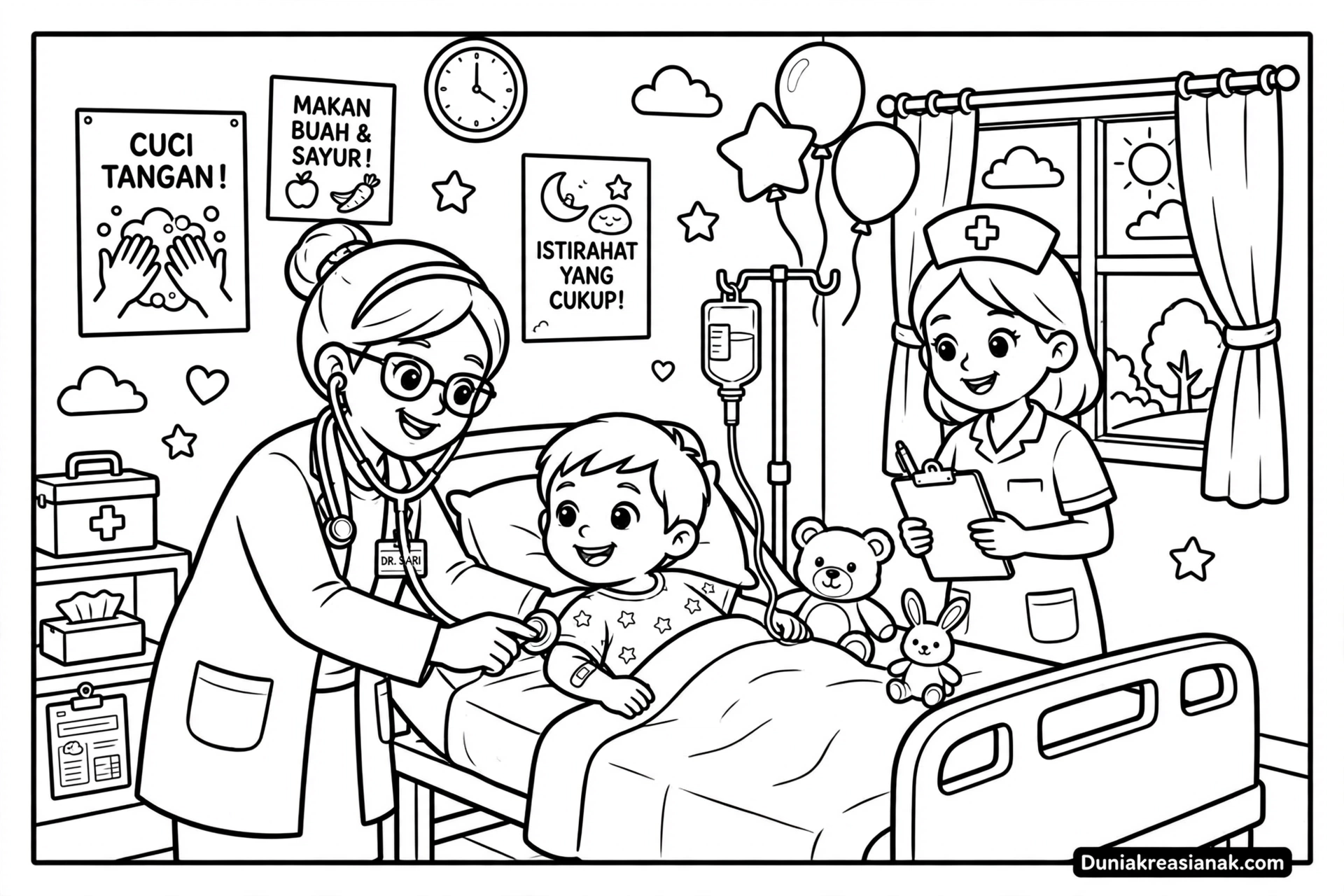 Coloring Page Dokter dan Pasien di Klinik