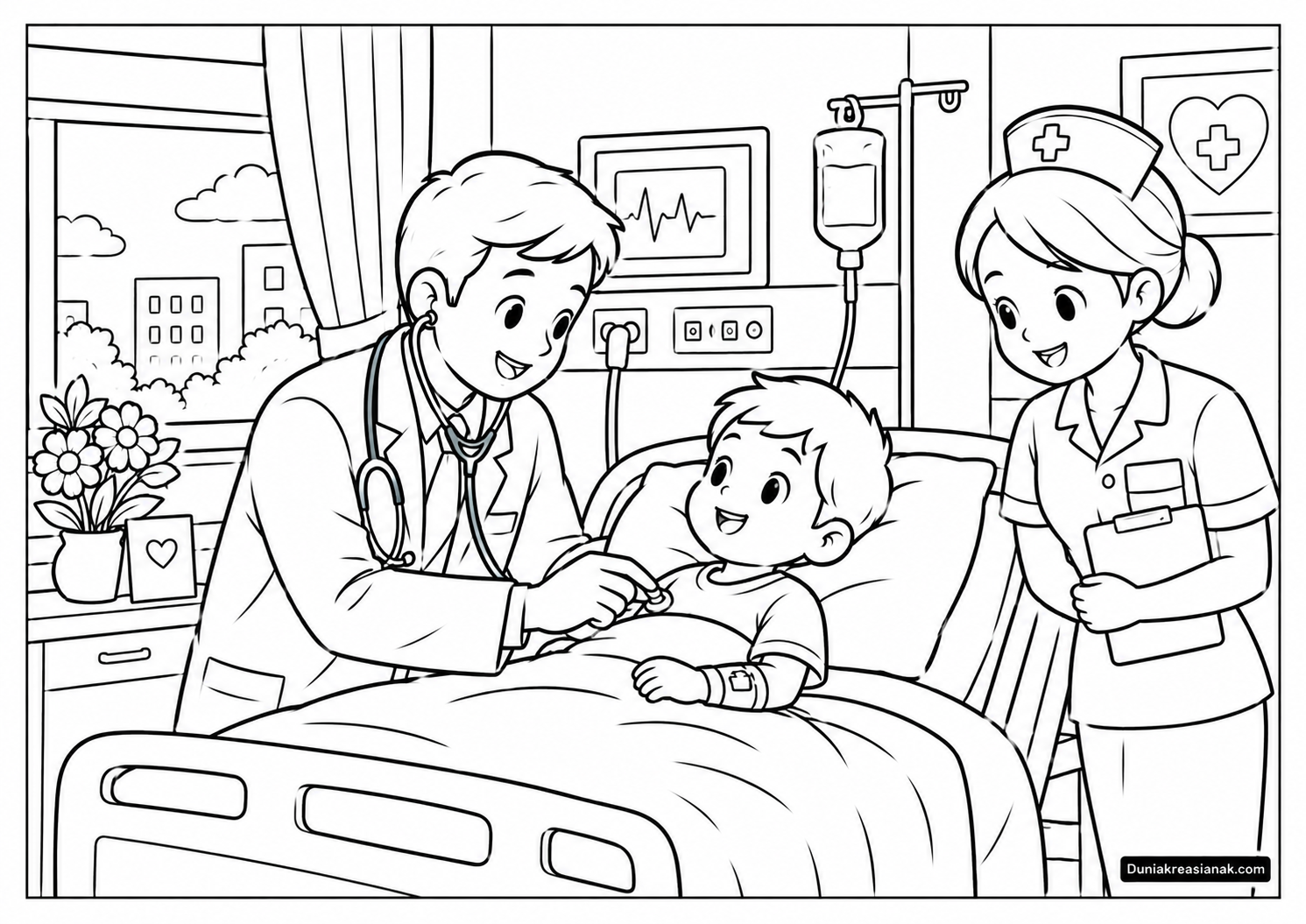 Coloring Page Dokter dan Pasien di Rumah Sakit