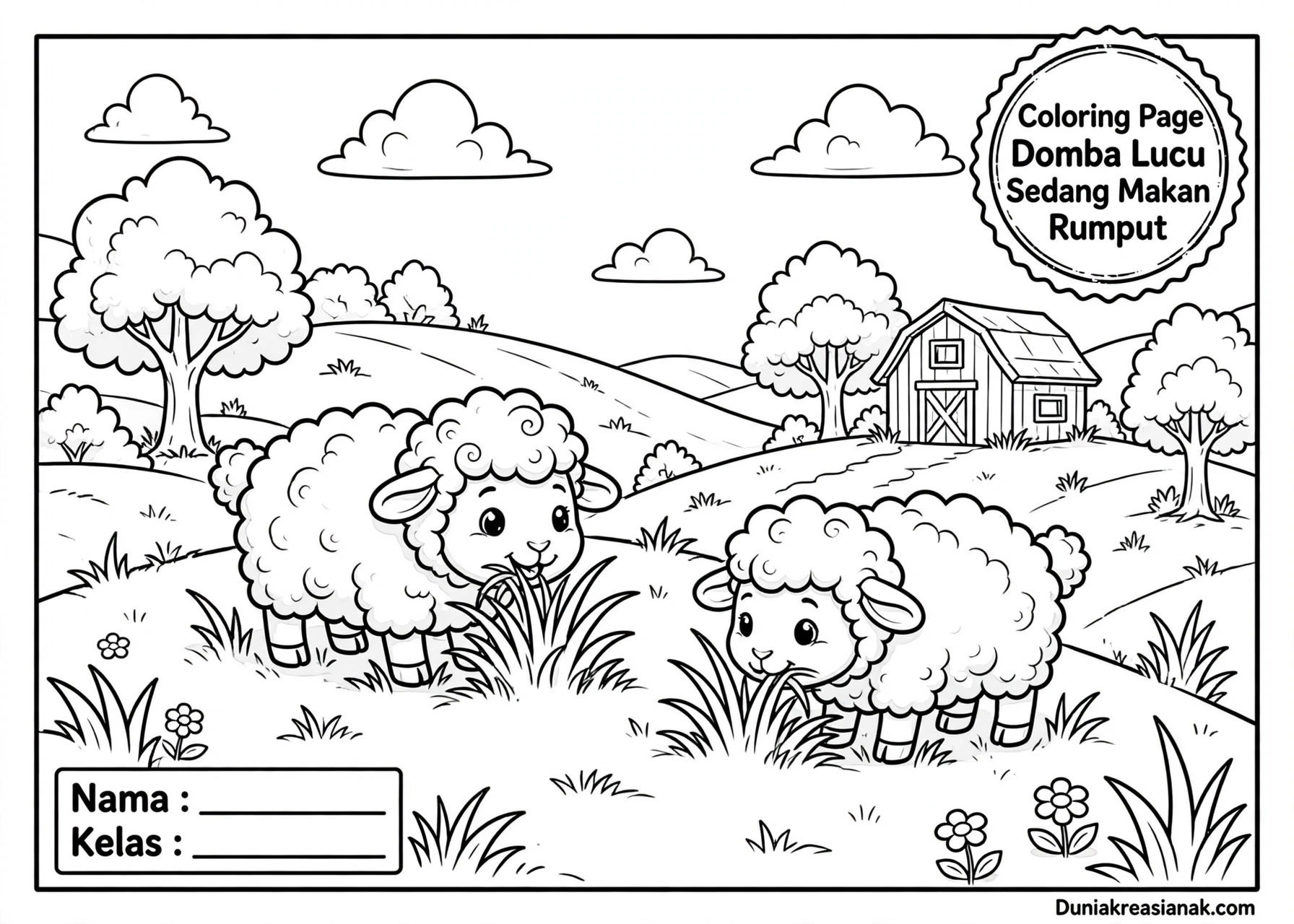 Coloring Page Domba Lucu Sedang Makan Rumput TK