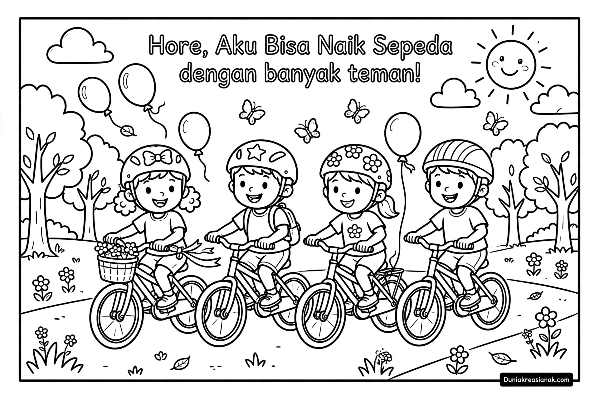 Coloring Page Hore Aku dan Sahabatku Bisa Naik Sepeda