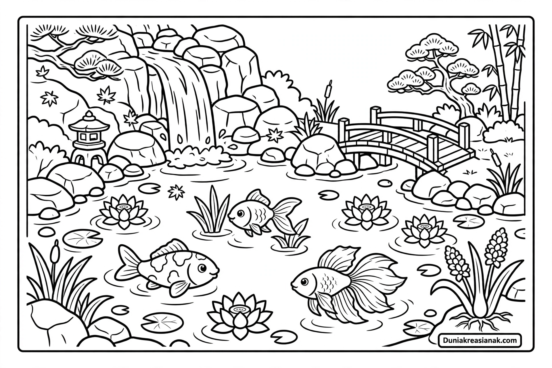 Coloring Page Indahnya Ikan Hias Berenang di Kolam