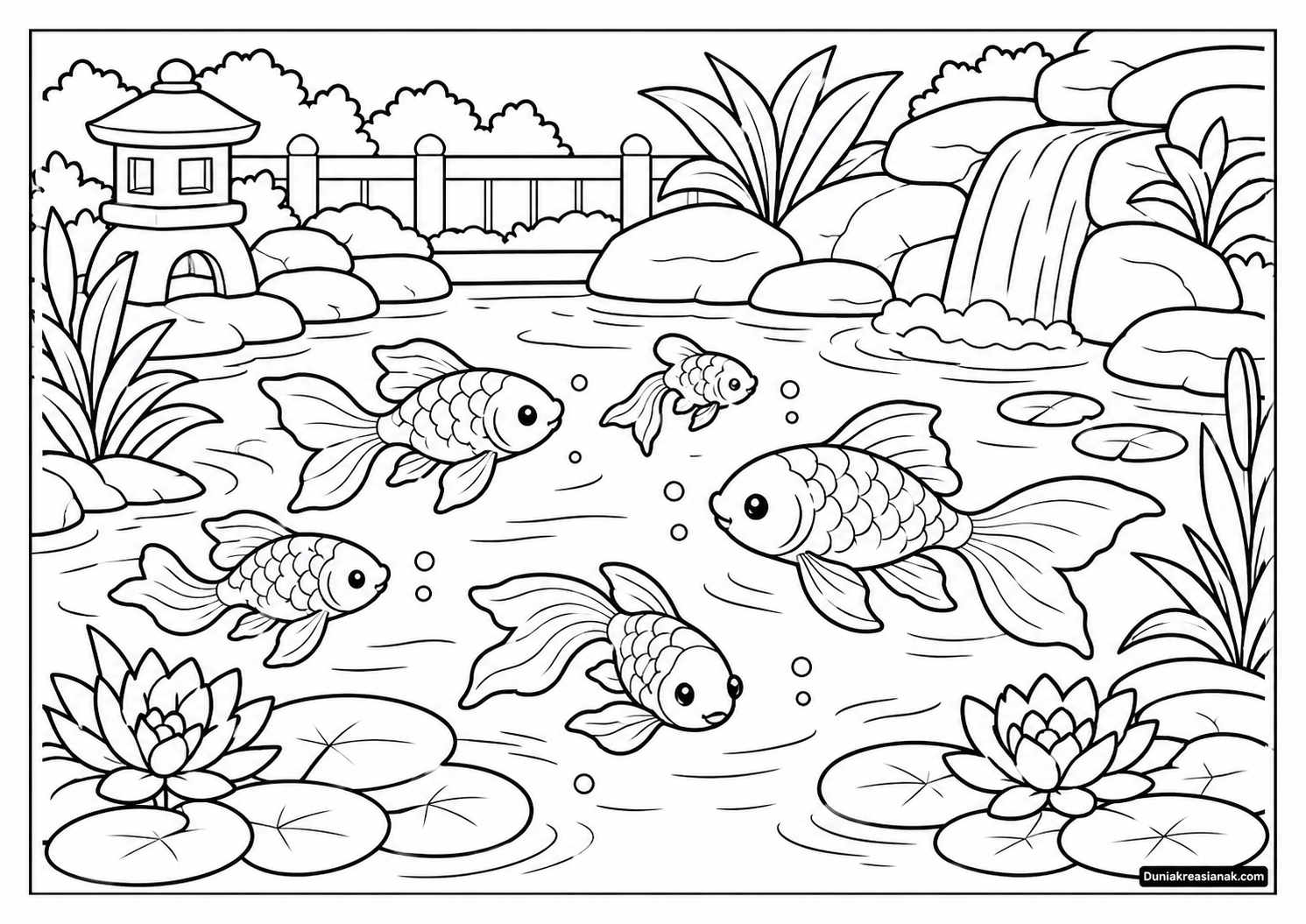 Coloring Page Indahnya Ikan Koi di Kolam