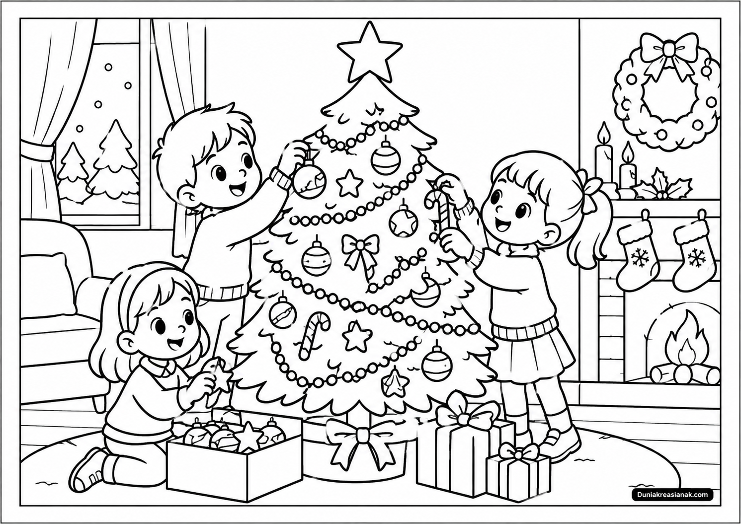 Coloring Page Keceriaan Anak Anak Menghias Pohon Natal