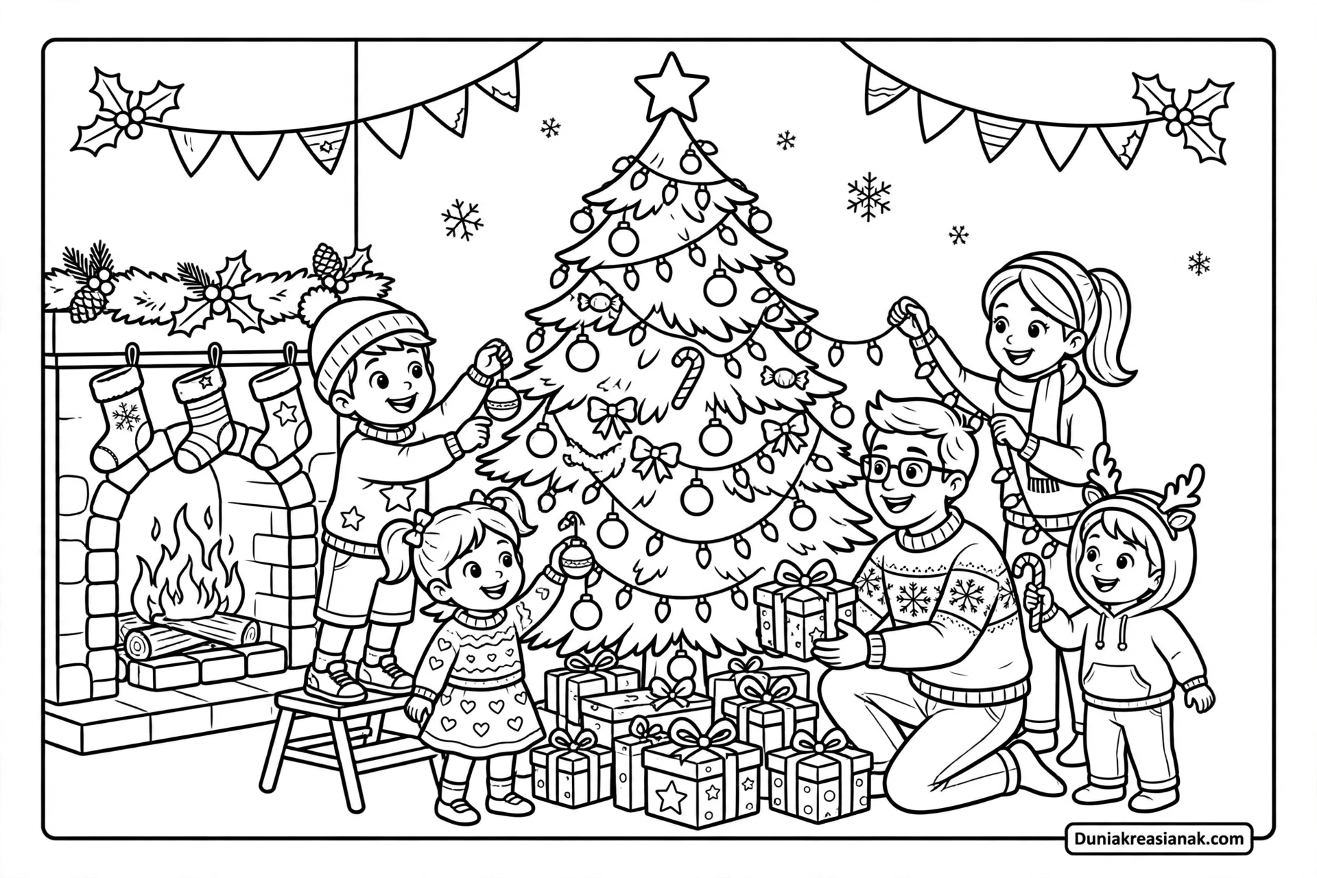 Coloring Page Keceriaan Menghias Pohon Natal