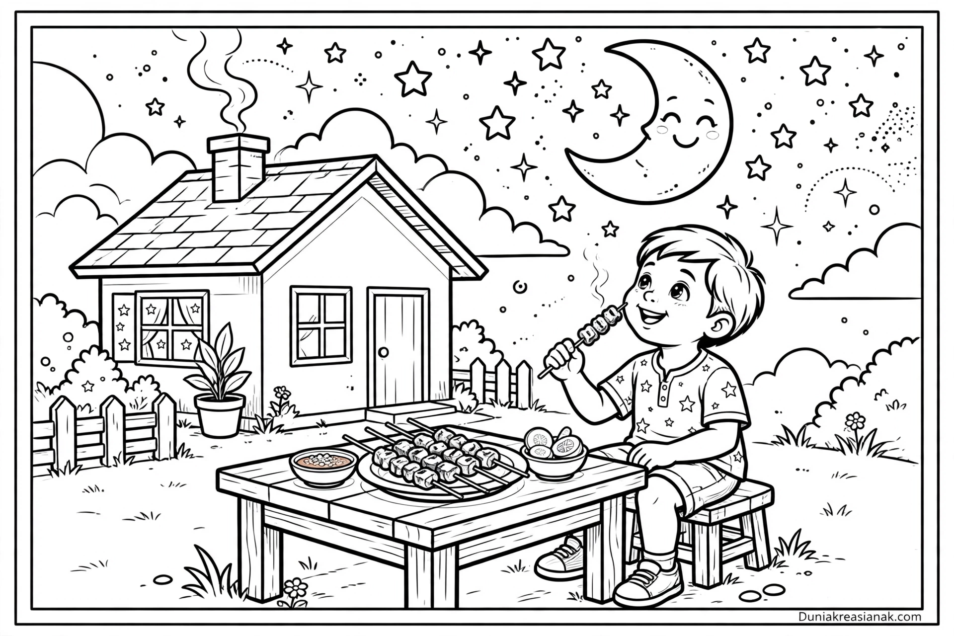 Coloring Page Keindahan Bulan dan Bintang di Malam Hari 2 Coloring Page Keindahan Bulan dan Bintang Sambil Makan