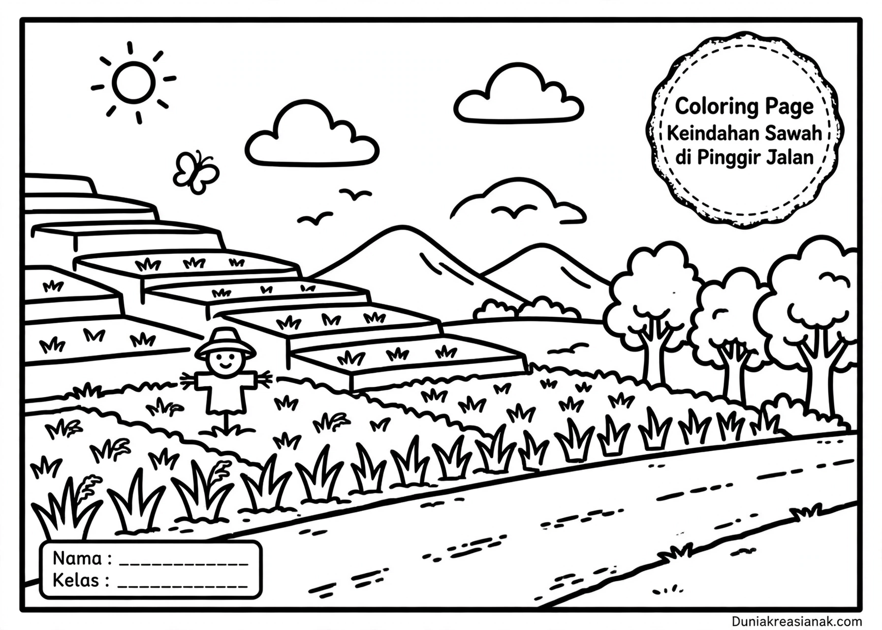 Coloring Page Keindahan Sawah di Pinggir Jalan 5Y 1