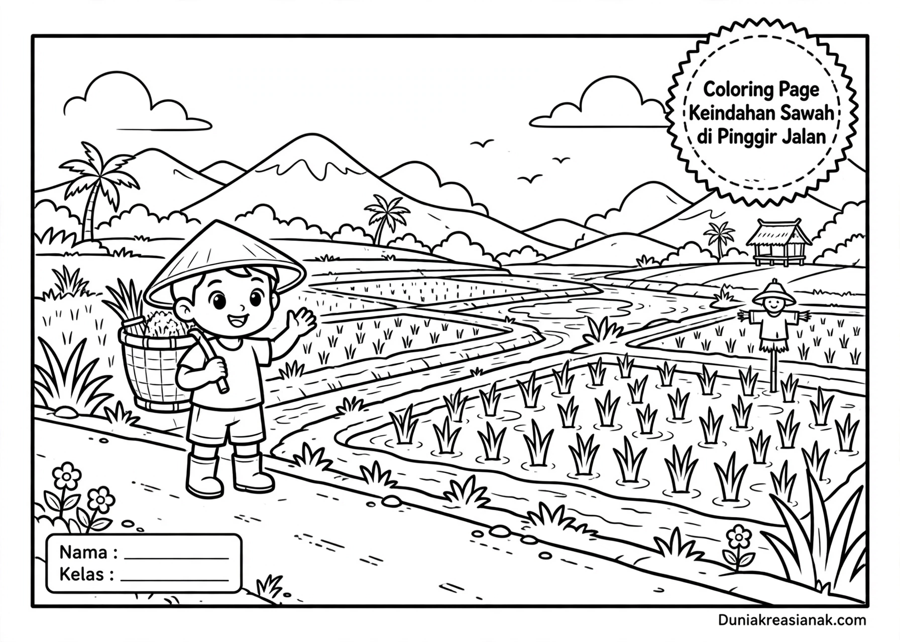 Coloring Page Keindahan Sawah di Pinggir Jalan 6Y 1