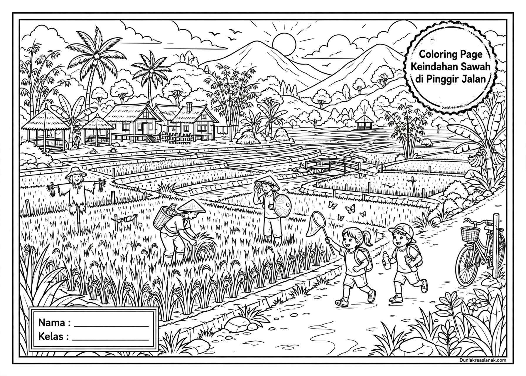 Coloring Page Keindahan Sawah di Pinggir Jalan 7Y