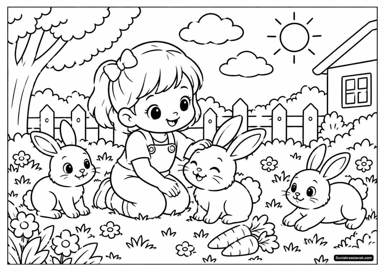 Coloring Page Kelinci Bermain di Halaman