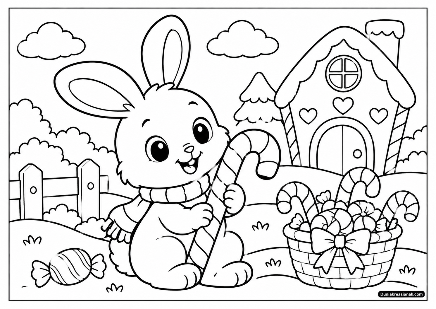 Coloring Page Kelinci Putih dan Permen Tongkat Manis