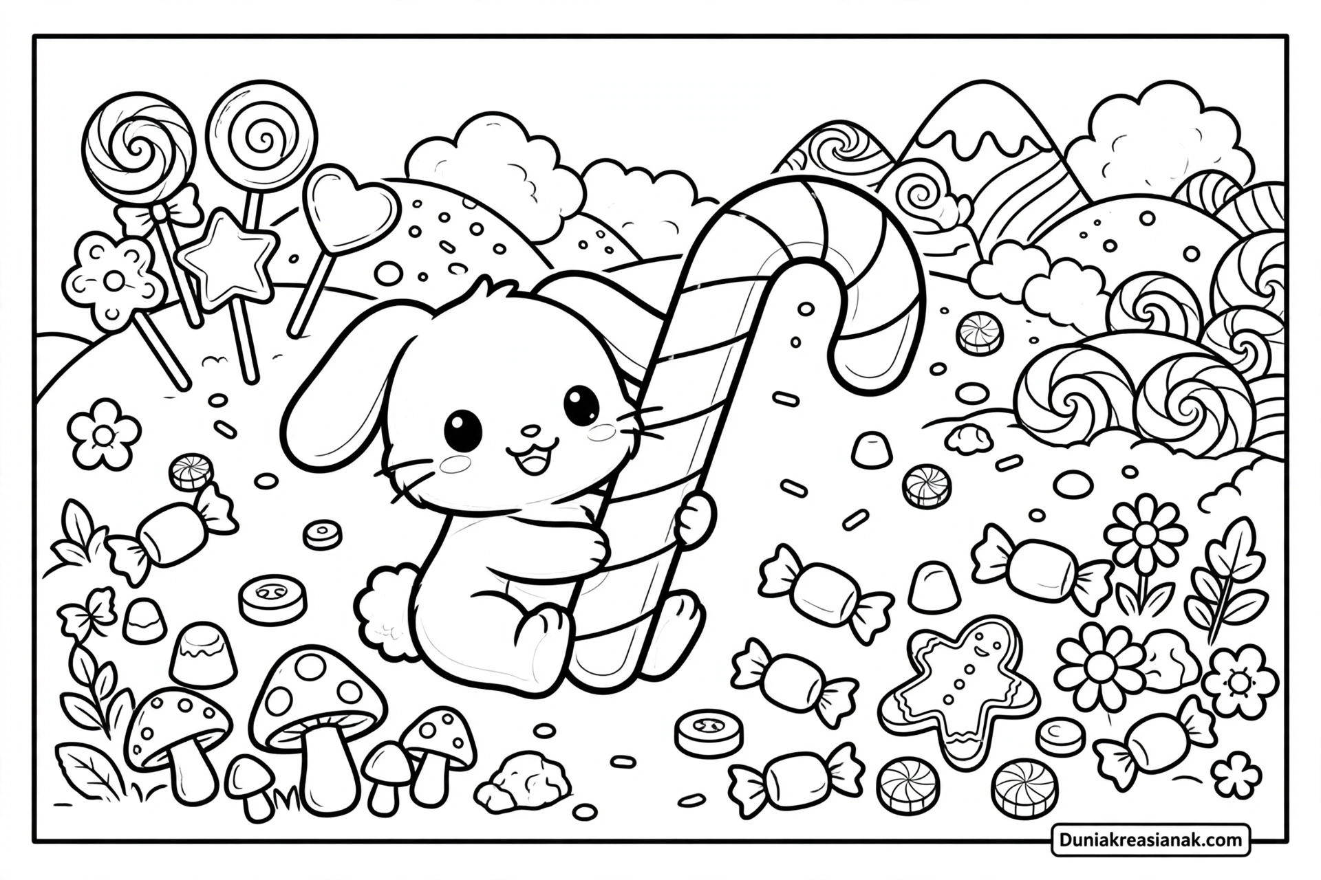 Coloring Page Kelinci Putih dan Permen Tongkat