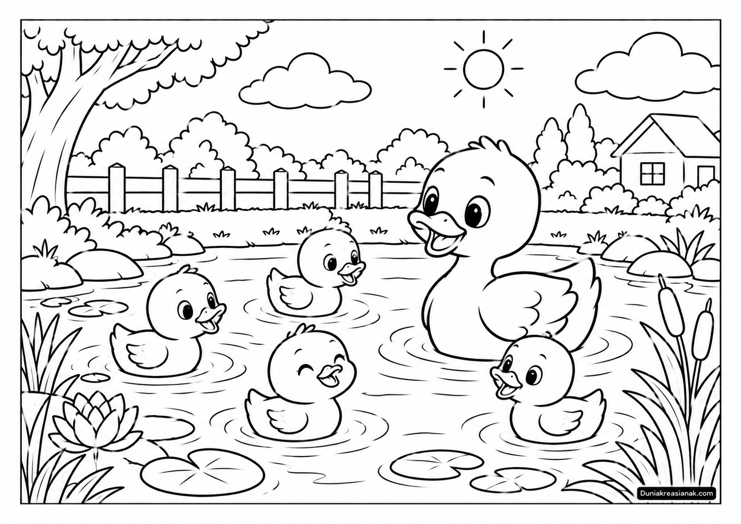 Coloring Page Bebek-Bebek Lucu Bermain di Kolam 2 Coloring Page Keluarga Bebek Bermain di Kolam