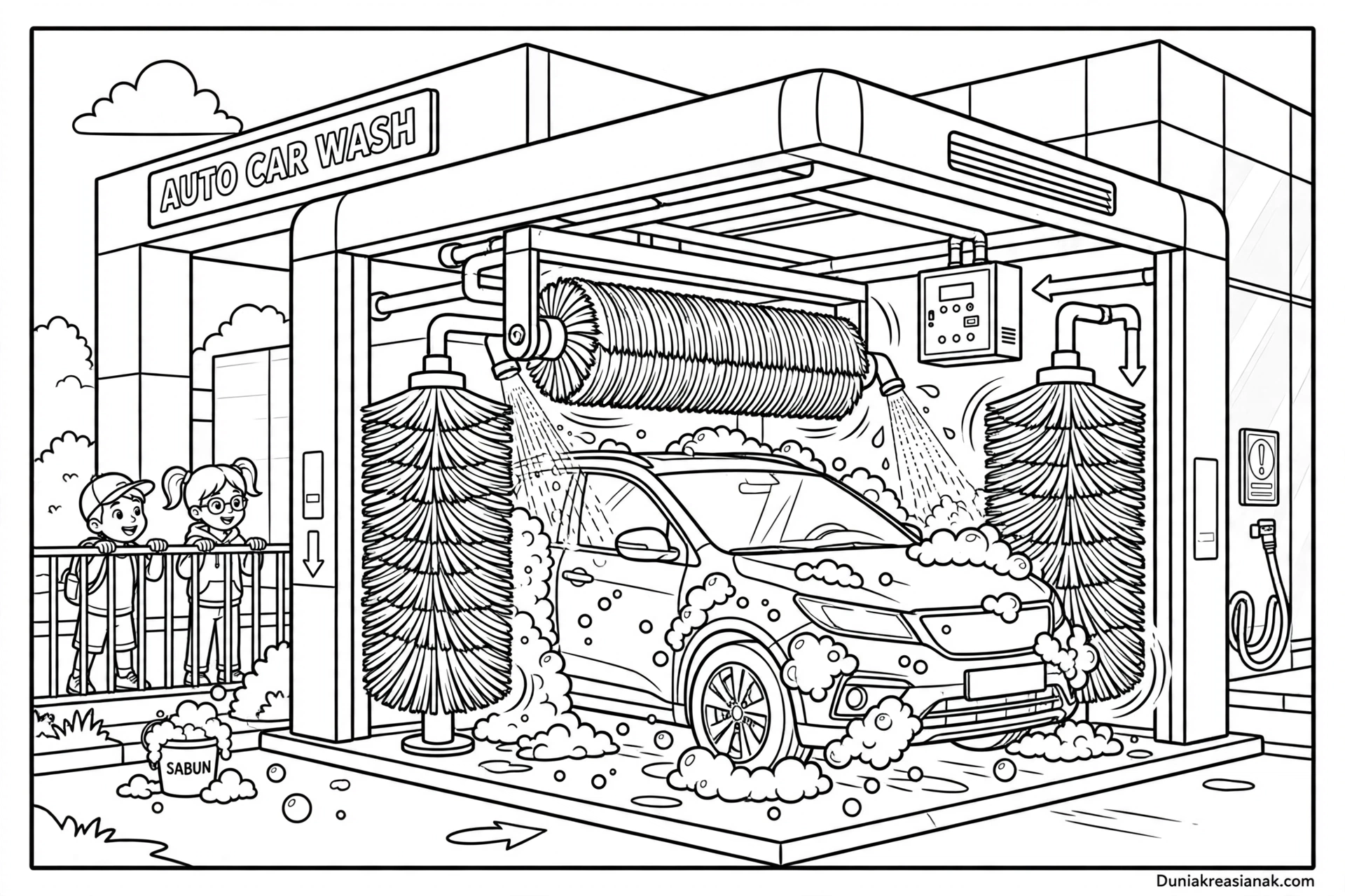 Coloring Page Keseruan Mencuci Mobil di Car Wash
