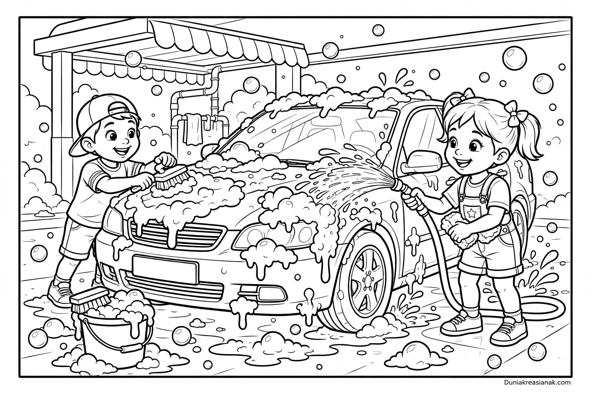 Coloring Page Keseruan Mencuci Mobil