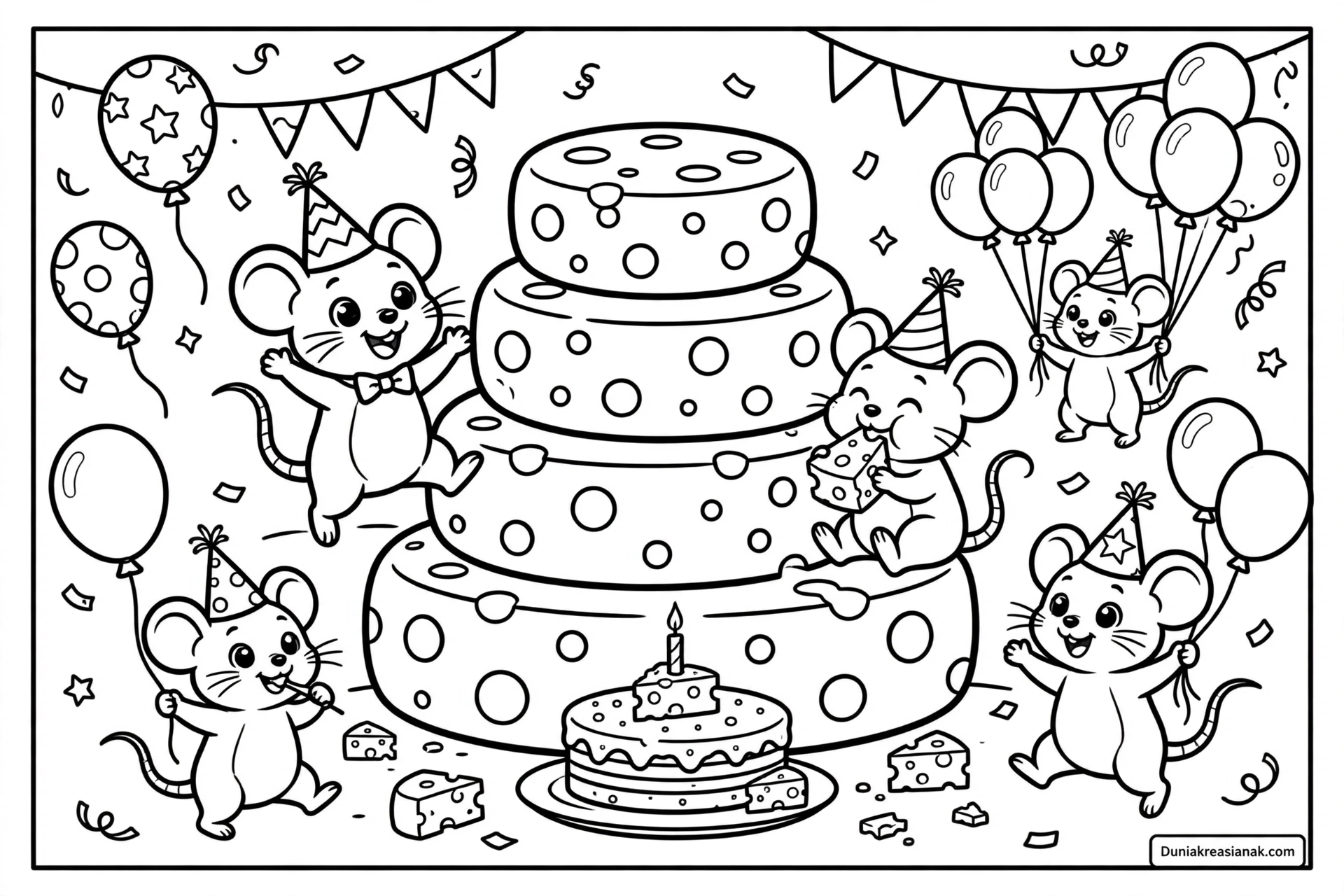 Coloring Page Keseruan Tikus Kecil di Pesta Besar Keju