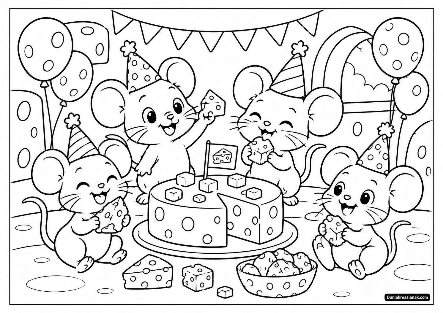 Coloring Page Keseruan Tikus Kecil di Pesta Keju