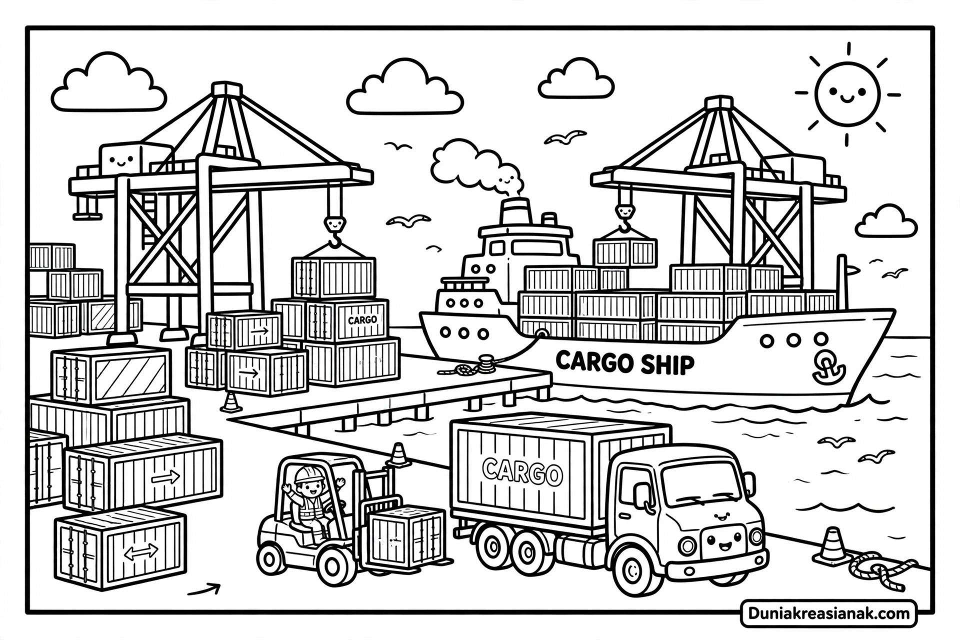 Coloring Page Keseruan Truk Kontainer dan Kapal Kargo di Pelabuhan