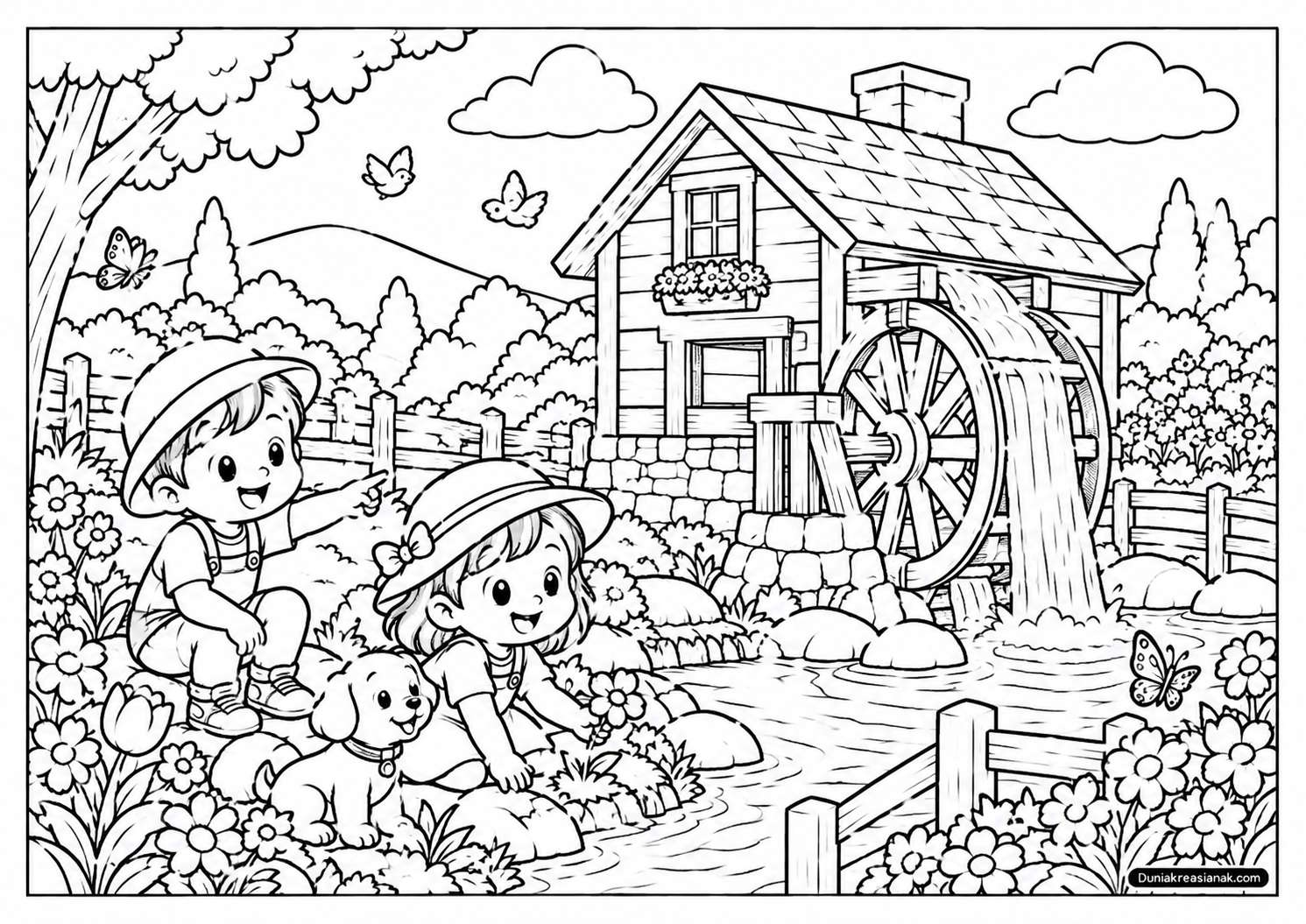 Coloring Page Kincir Air di Kebun Bunga Bersama Anak