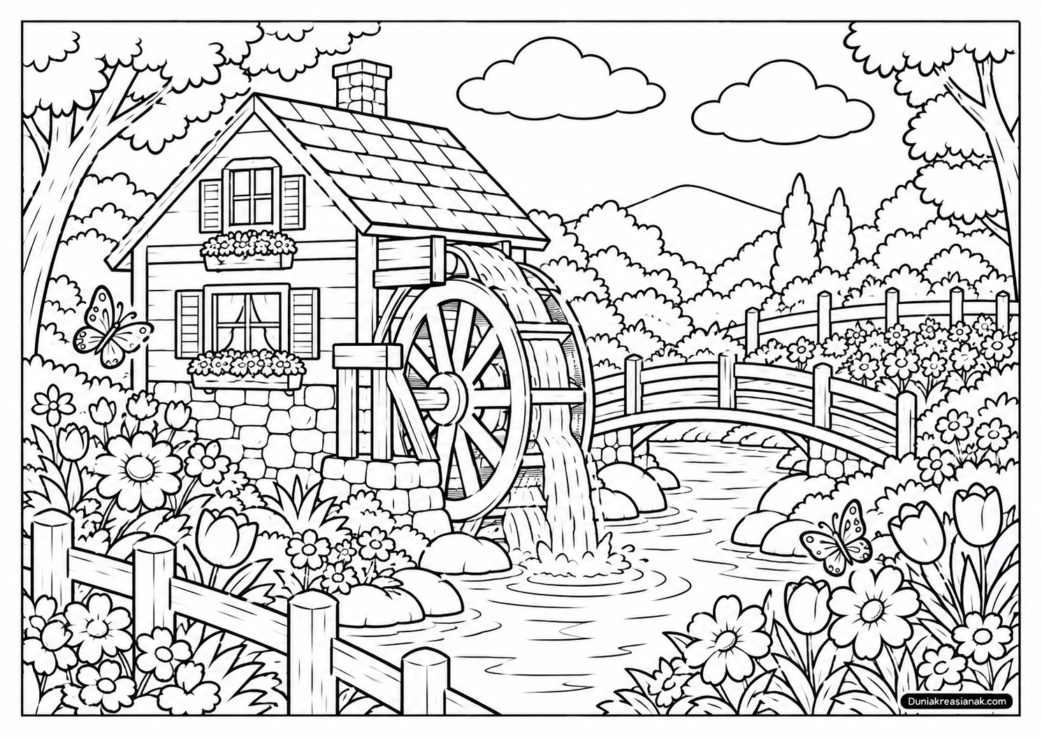 Coloring Page Kincir Air di Kebun Bunga
